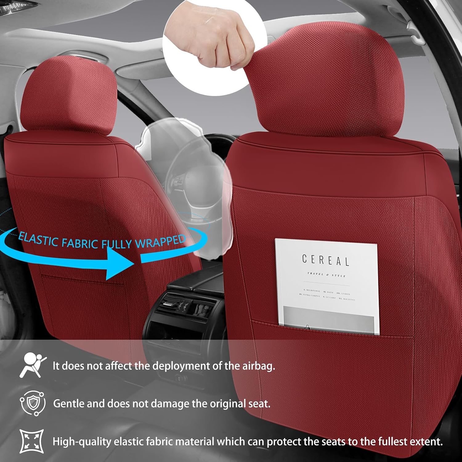 Detalle de CHOCMONS Car Seat Covers Full Set (Universal Fit) in Wine Red — Faux Leather, Airbag-Compatible