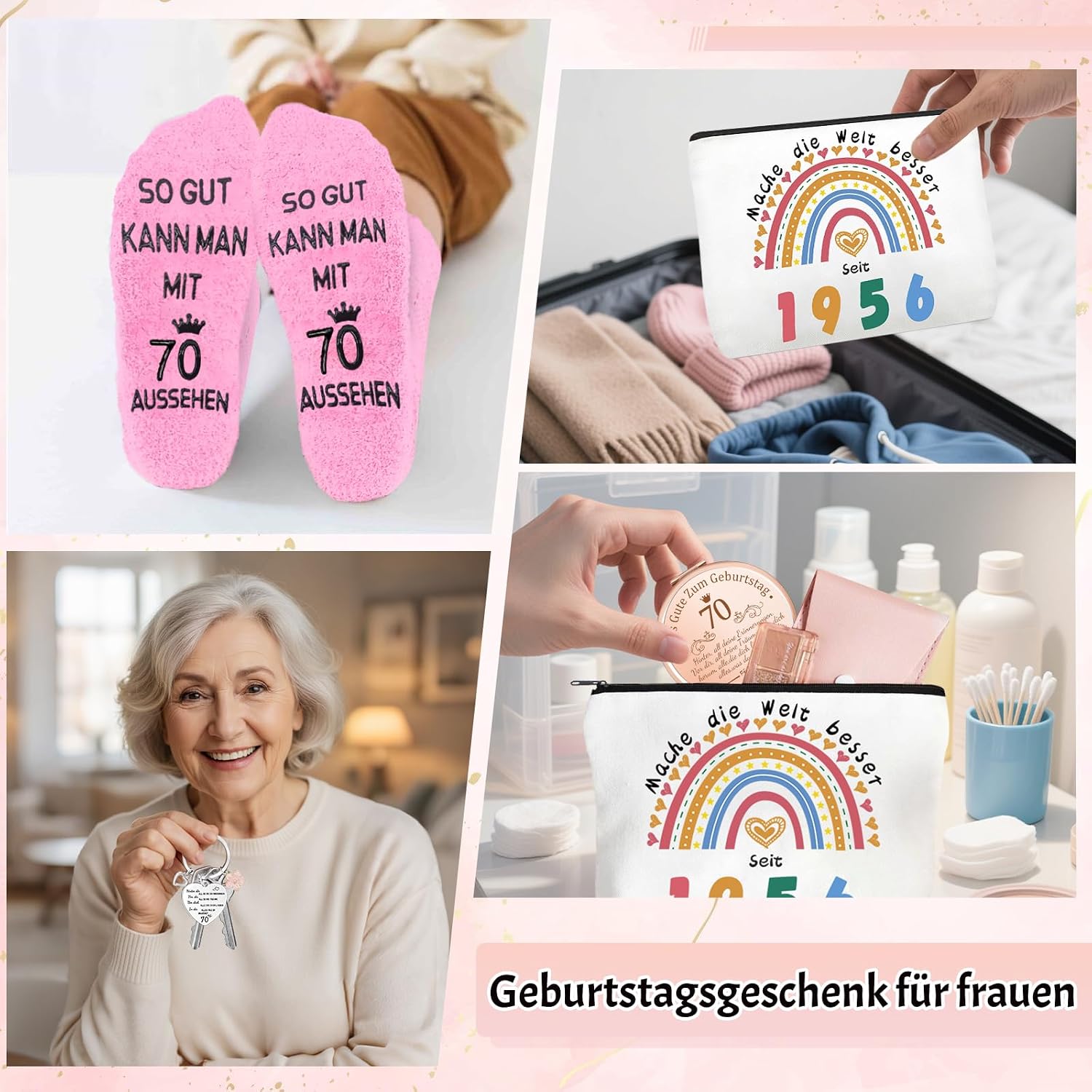 Thumbnail 6 de Shining She 70. Geburtstag Frau Set mit 1956 Kosmetiktasche, Schlüsselanhänger, klappbarem Kosmetikspiegel, rosafarbenen Socken