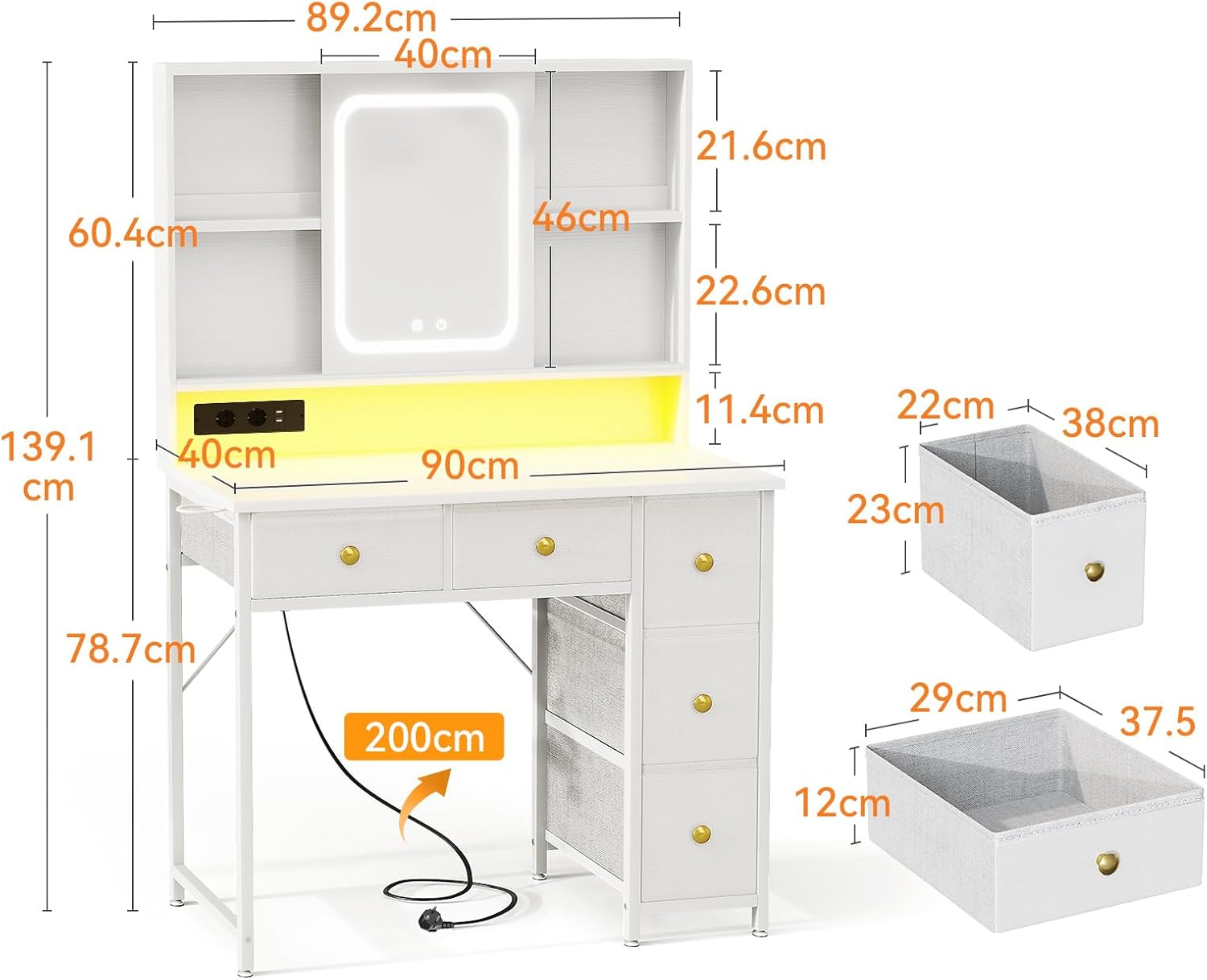 Detalle 2 de ODK Tavolo da toeletta con specchio LED mobile (5) – 8 cassetti, USB, barra RGB, bianco, 110 × 40 × 137 cm