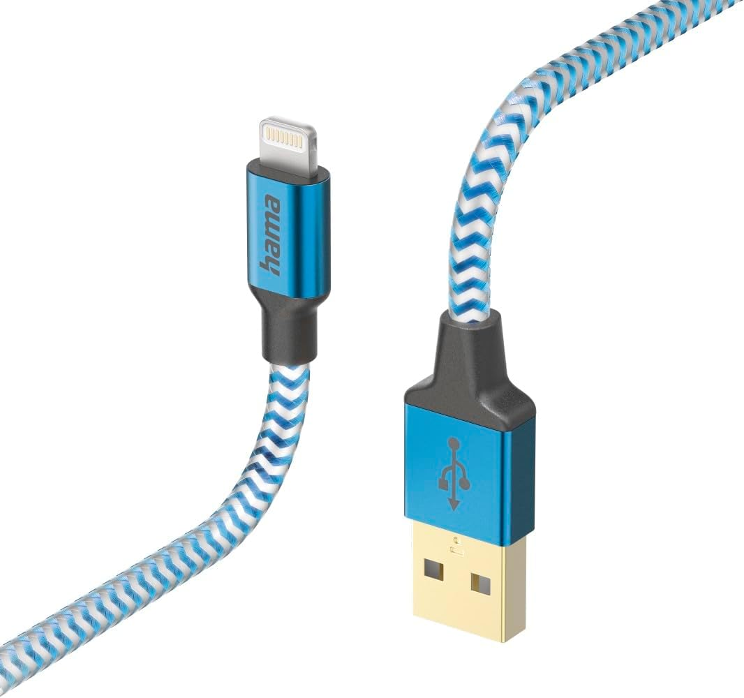 Detalle 2 de Câble USB-A vers Lightning Hama certifié MFi (2,4A, 1,5 m) bleu réfléchissant