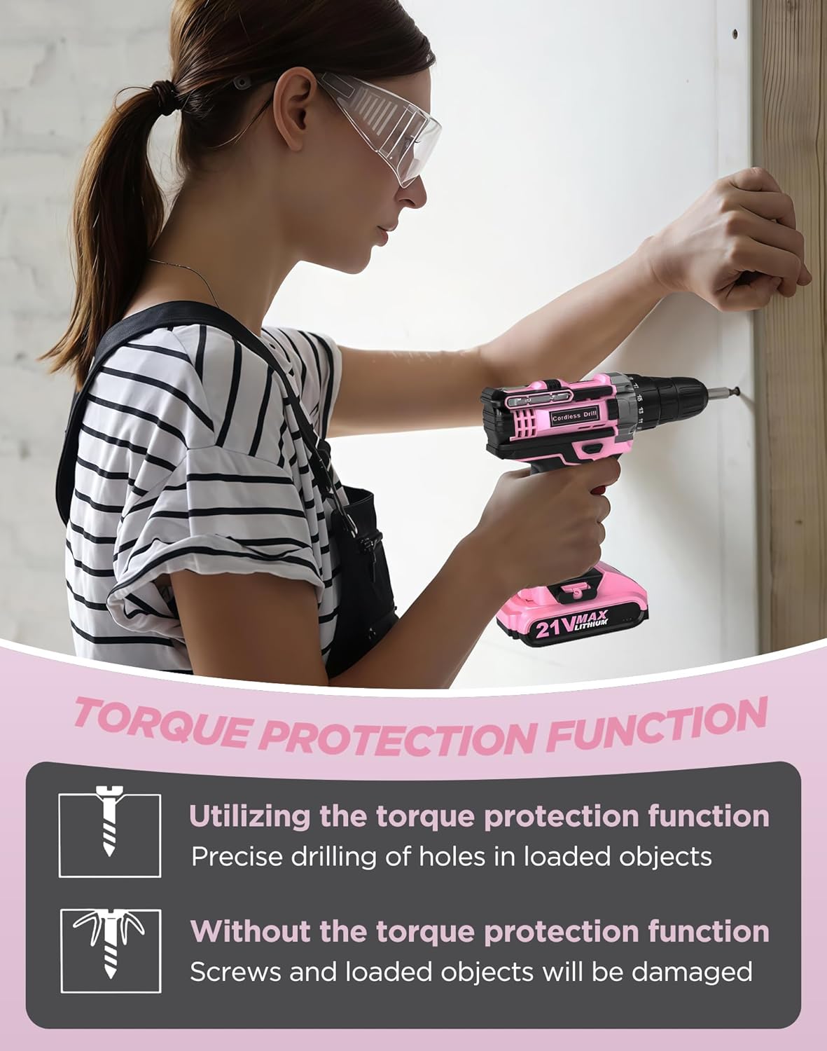 Thumbnail 6 de Pink Cordless Drill Set 21V with 2 Batteries – 90 Accessory Kit