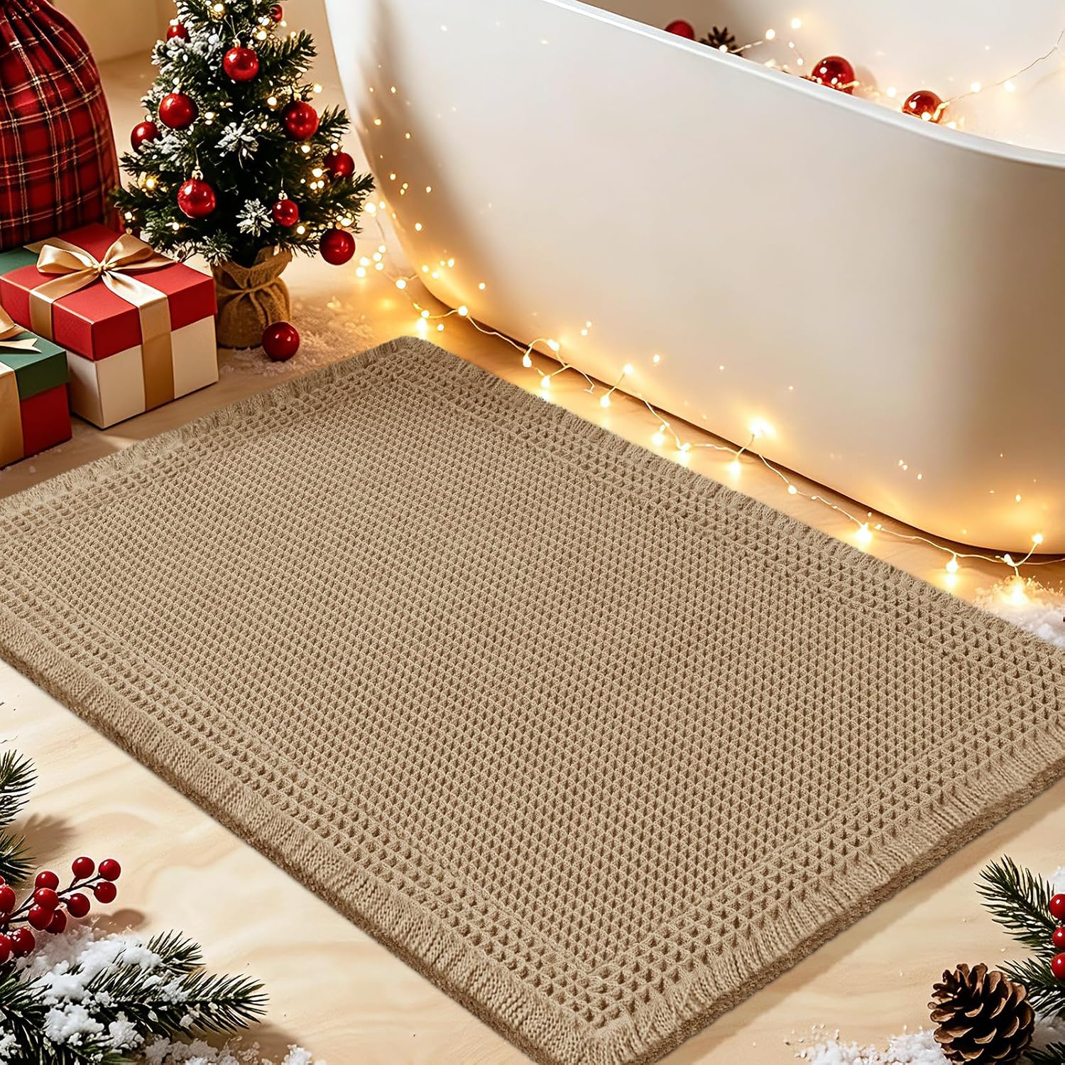 Detalle de Upgrade Waffle Bath Mat (32"x20") — Beige, ultra-soft non-slip, machine-washable