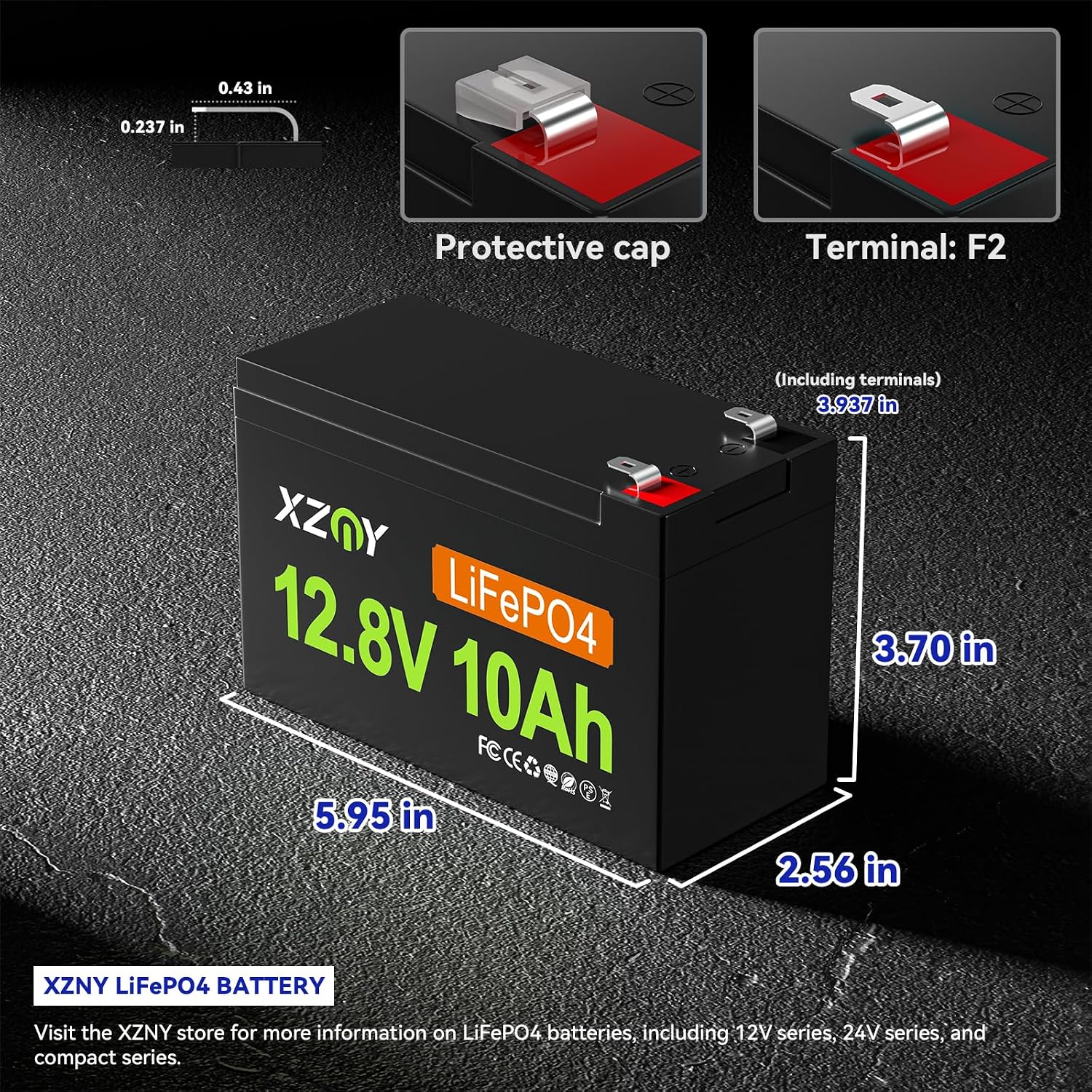 Detalle de XZNY 12V 10Ah LiFePO4 Battery 2-Pack with 10A BMS and F2 Terminals