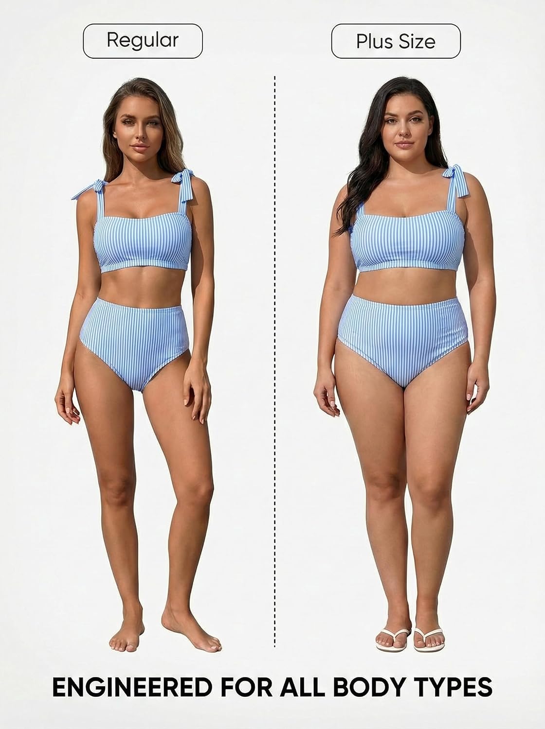 Detalle de Herseas Women’s Tie-Shoulder Bikini Set (2-Piece, Striped) with High-Waisted Bottom