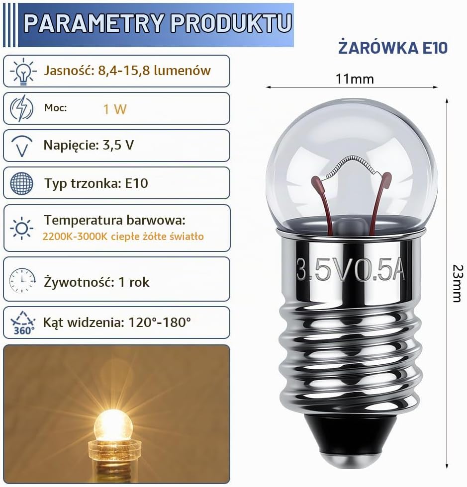 Detalle 2 de AUAUY miniaturowe żarówki E10, 3,5 V, 0,3 A, 3000 K, 12 szt.