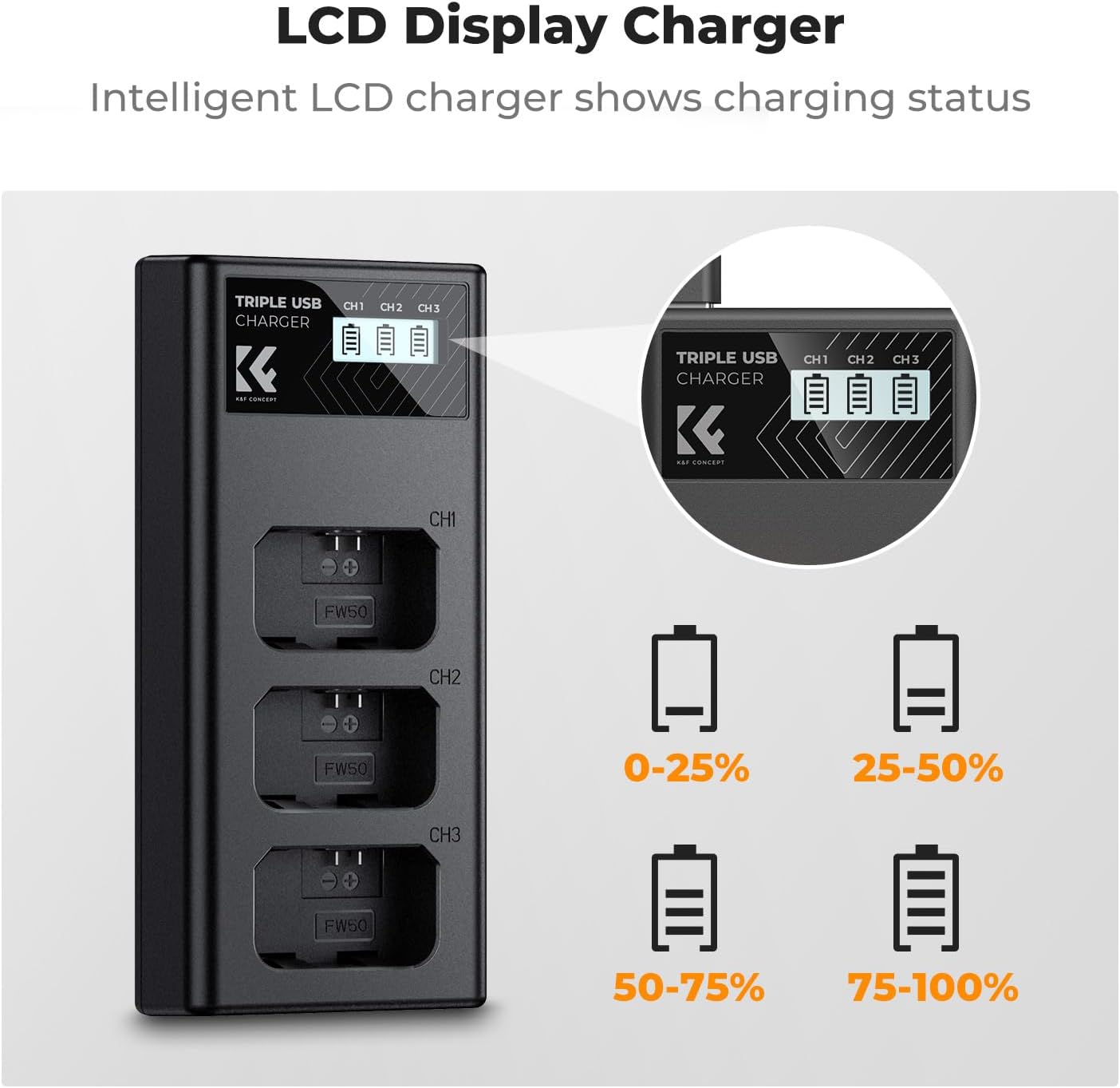 Thumbnail 2 de K&F CONCEPT NP-FW50 Ladegerät mit 3 Slots und LCD-Display (für Sony-ZV-E10, A7 II, A6400 & weitere)