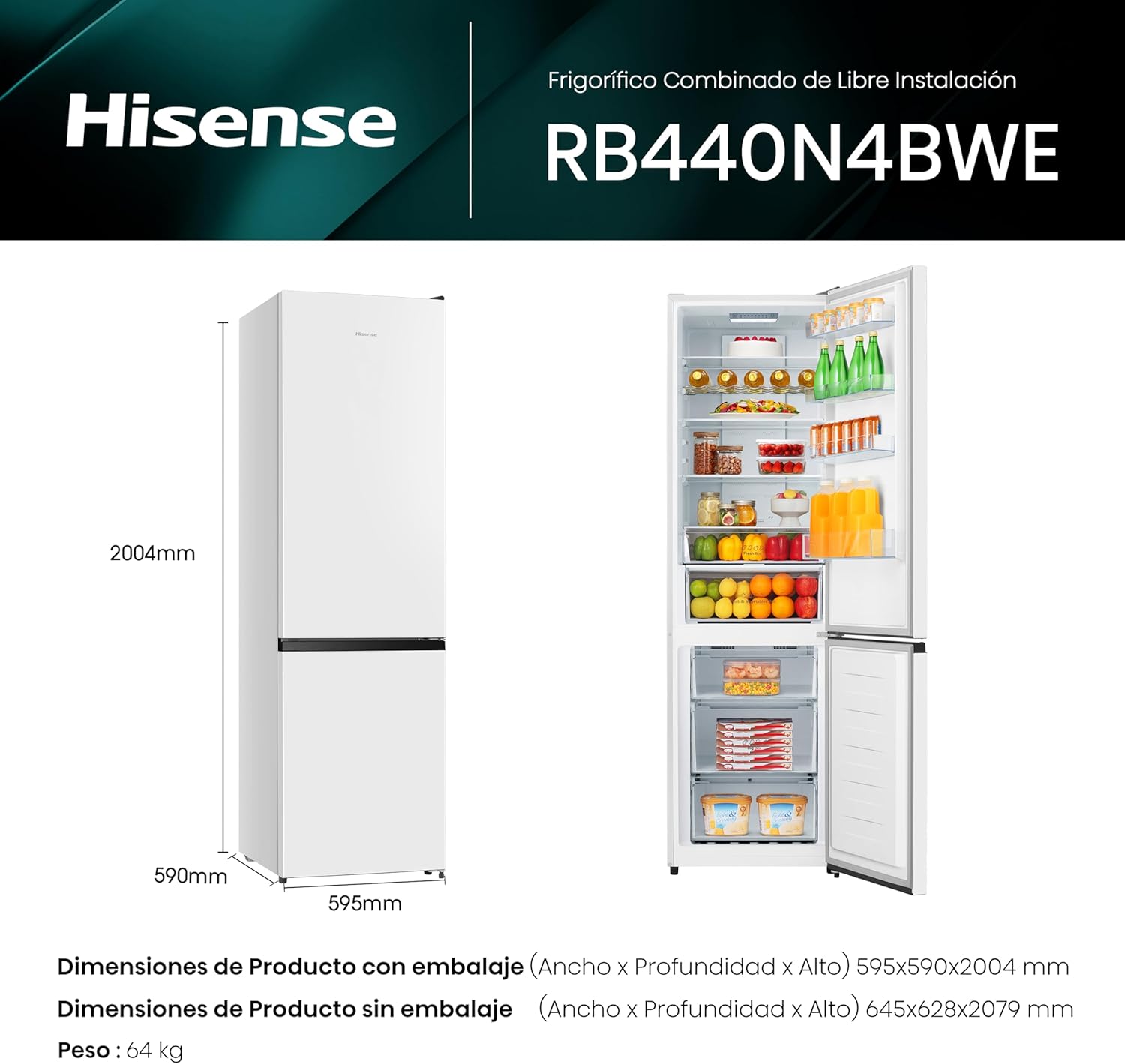 Thumbnail 1 de Hisense RB440N4BWE - Frigorífico Combi, Eficiente Clase E, Capacidad 336 L con 200 cm Alto, Super Freeze, Botellero, Puerta Reversible, Silencioso 39dB, Color Blanco