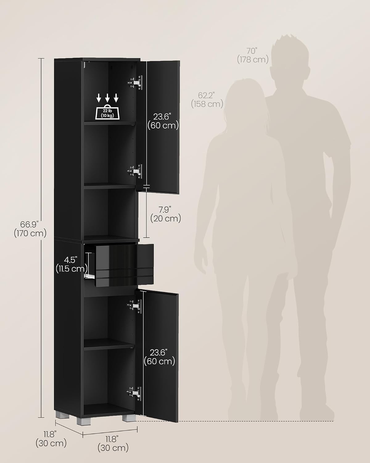 Detalle de VASAGLE Kailyn BBC560B01 Bathroom Cabinet, Ink Black, Adjustable Shelves