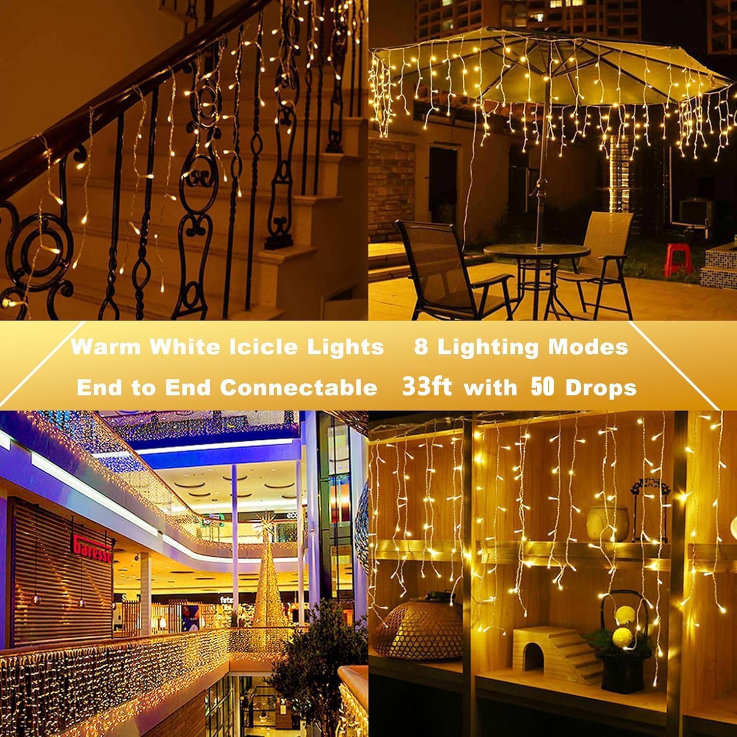 Detalle 2 de Joomer SSL0200-I-24V Christmas Icicle Lights, 33 ft Warm White, 50 Drops