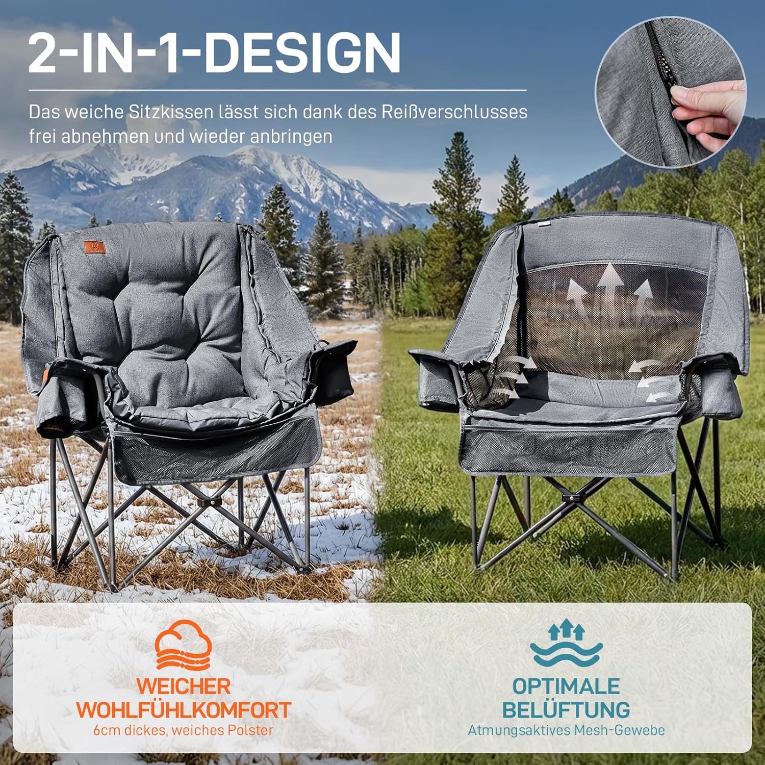 Thumbnail 1 de EVER ADVANCED 2-in-1 Campingstuhl faltbar (bis 180 kg) inkl. 6-cm Polster, Kühltasche & Getränkehalter