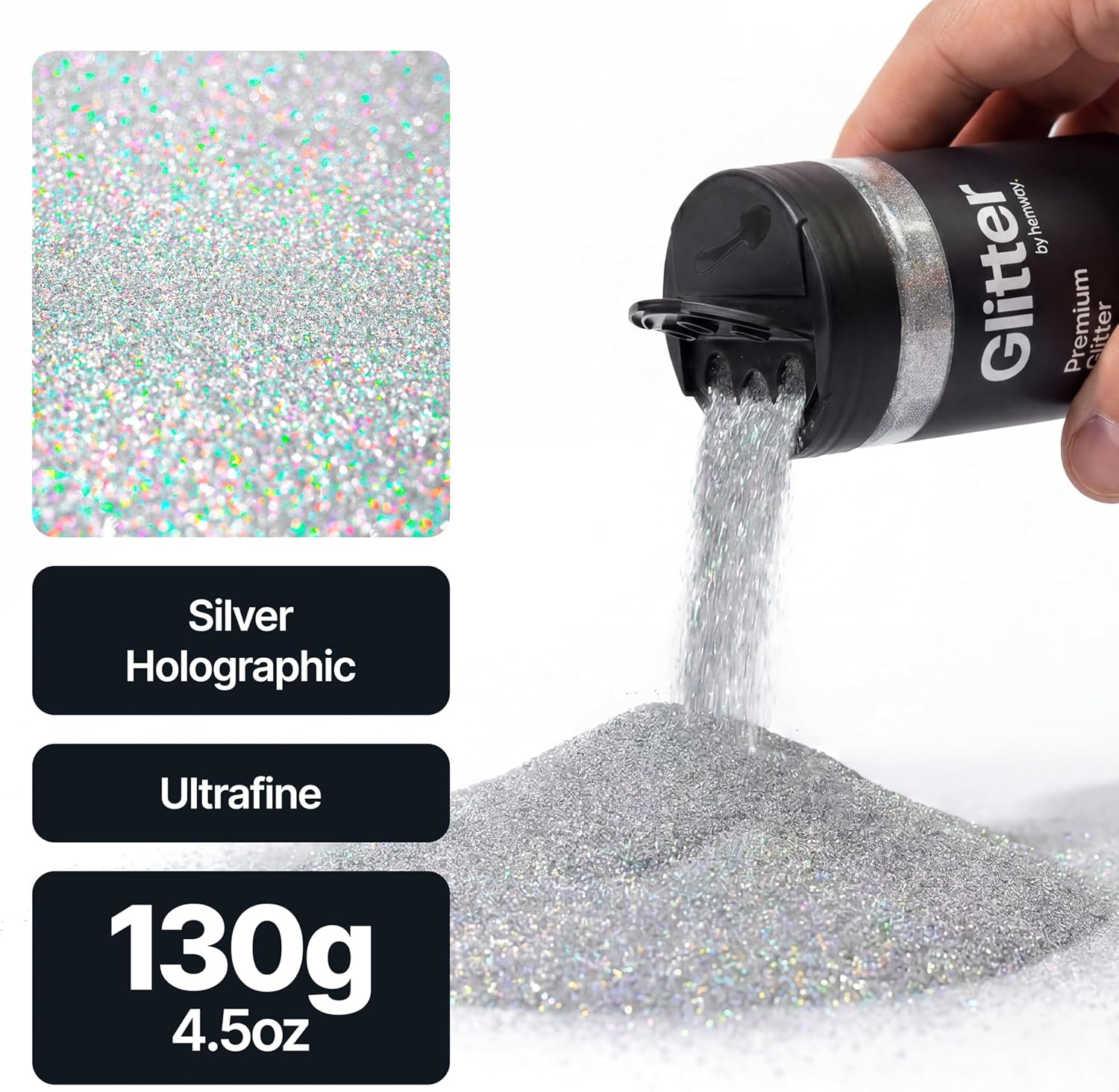 Detalle 2 de Hemway Holographic Silver Glitter Shaker (130g Ultrafine Metallic Flake) for resin, epoxy, crafts & nail art