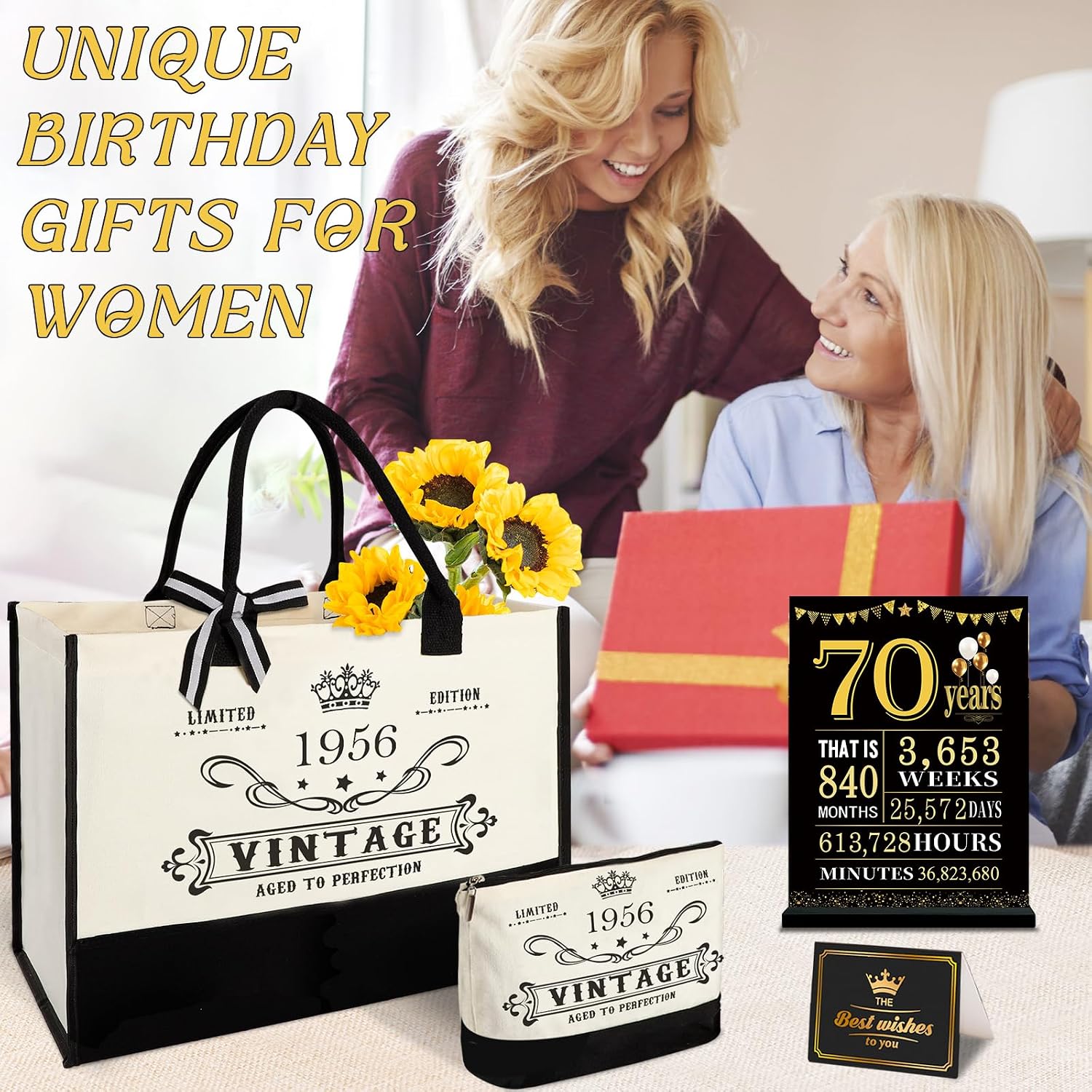 Thumbnail 6 de 70. Geburtstagsgeschenke für Frauen – Leinwand Tote Bag Set mit Kosmetiktasche und Poster „Back in 1956“