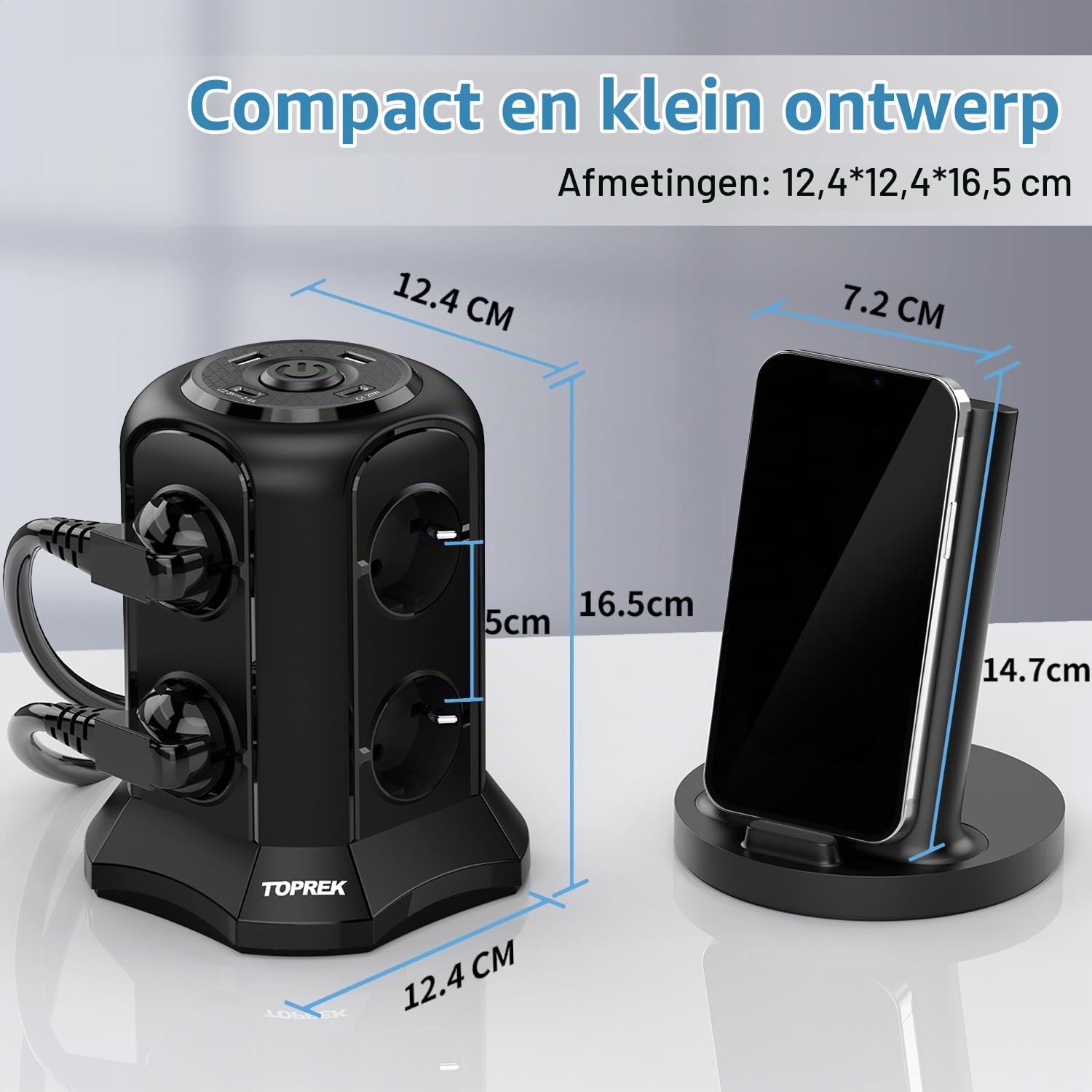 Thumbnail 2 de TOPREK VB4U8E verticale stekkerdoos met 8 stopcontacten en 4 USB-poorten