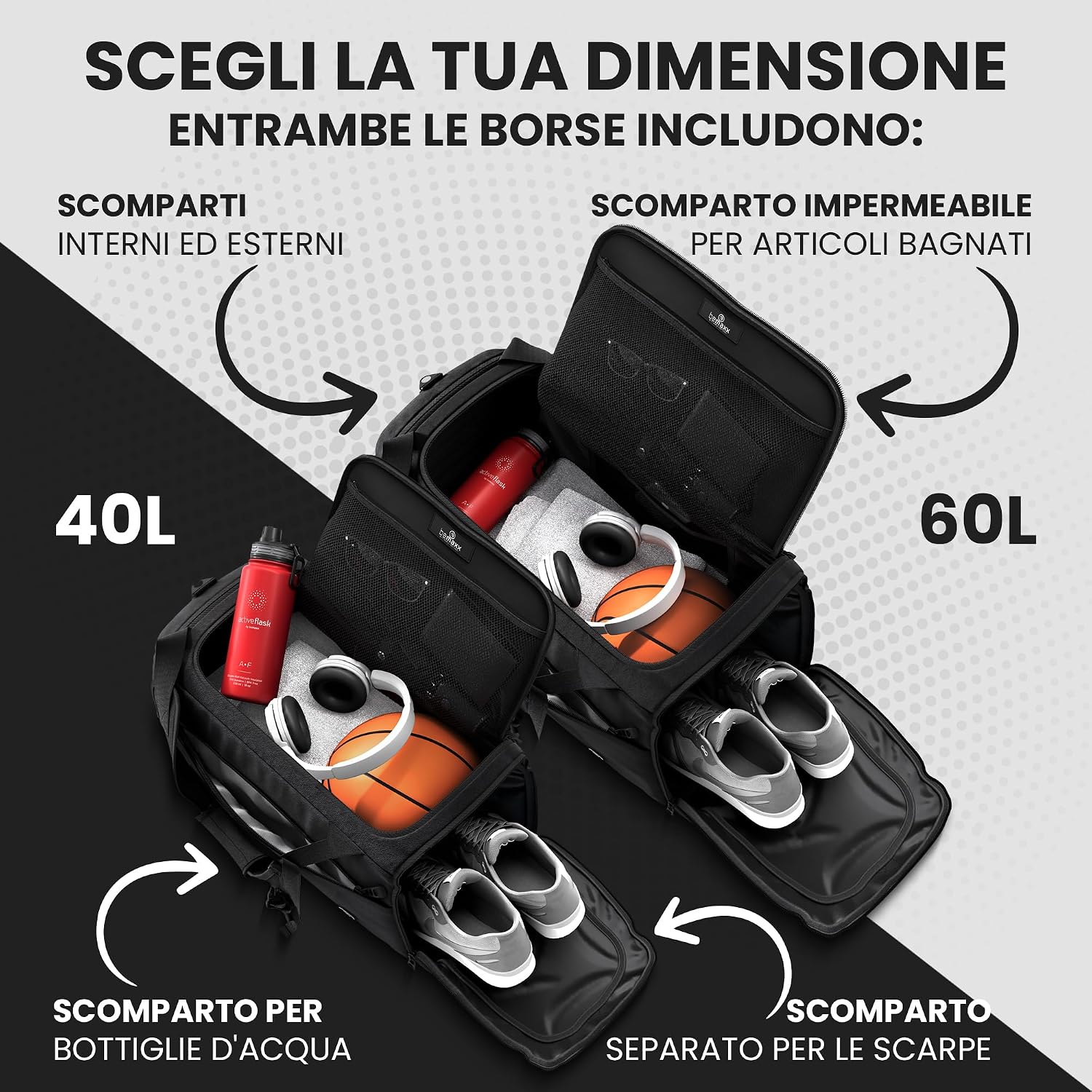 Detalle de bemaxx Borsone Palestra 60L/40L – Borsa da Viaggio con Scomparto Scarpe e Bagnato, con Funzione Zaino
