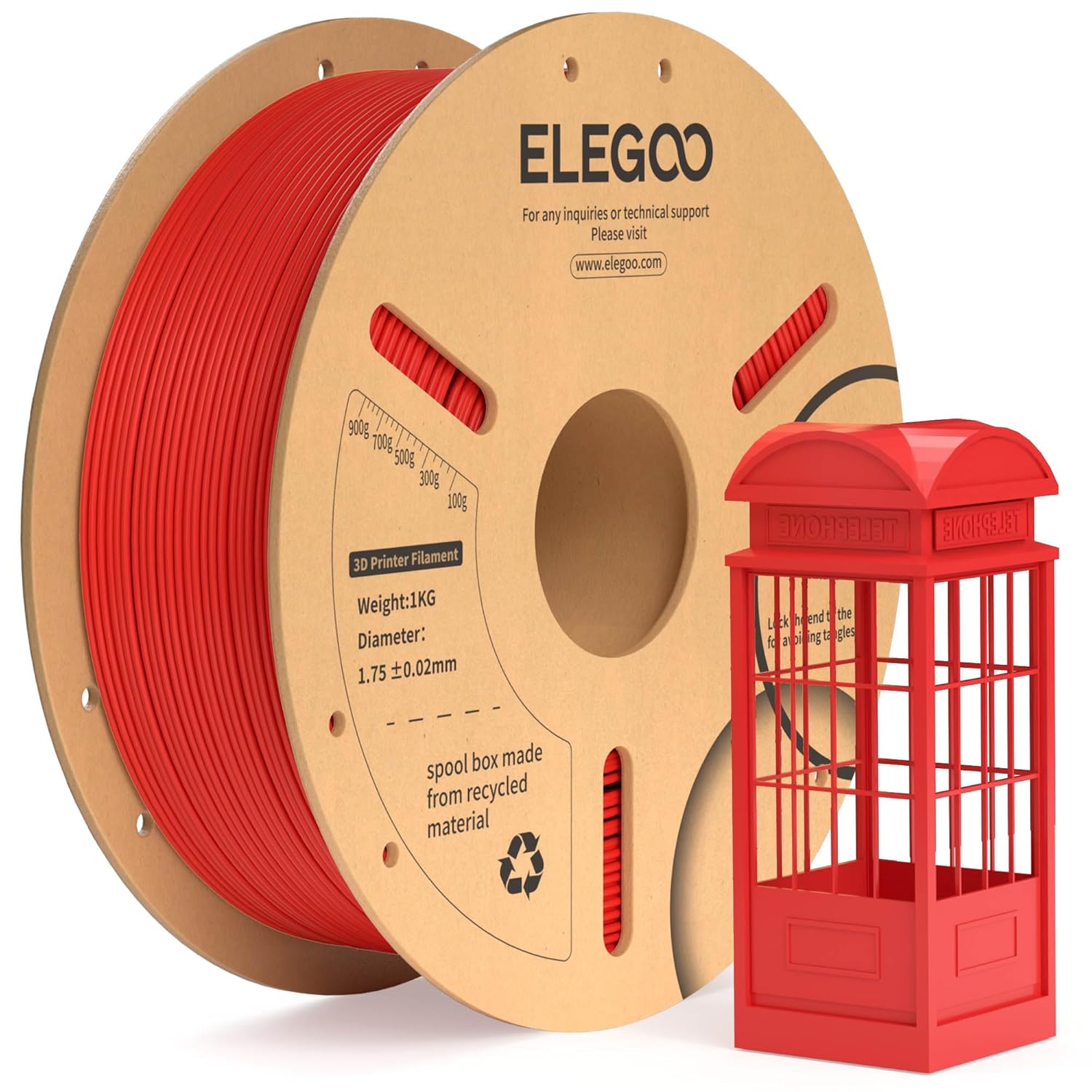 ELEGOO PLA+ Filament 1.75mm (Red) 1kg – PLA Plus tougher & stronger for FDM printing