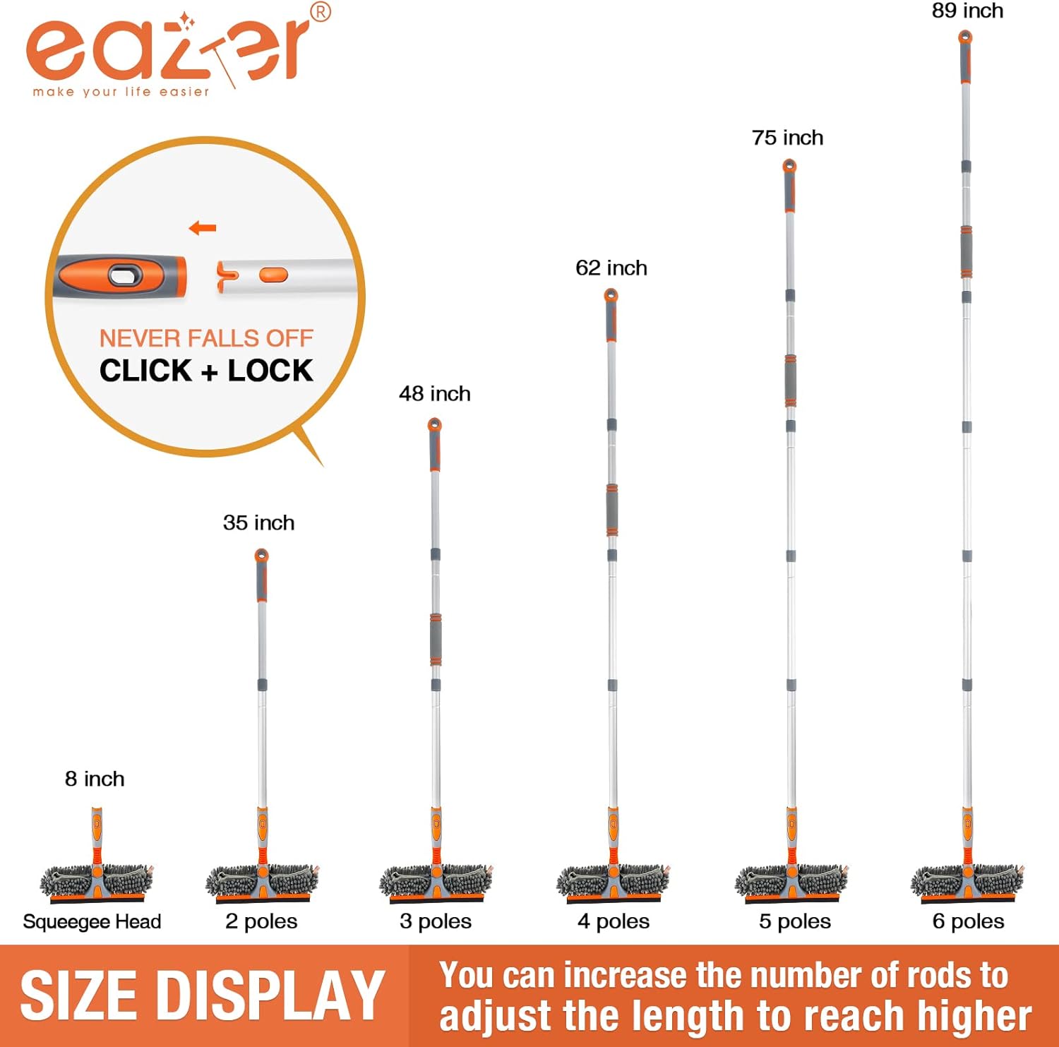 Detalle de Eazer 89'' Squeegee Window Cleaner 2-in-1 Rotatable Tool Kit with Extension Pole