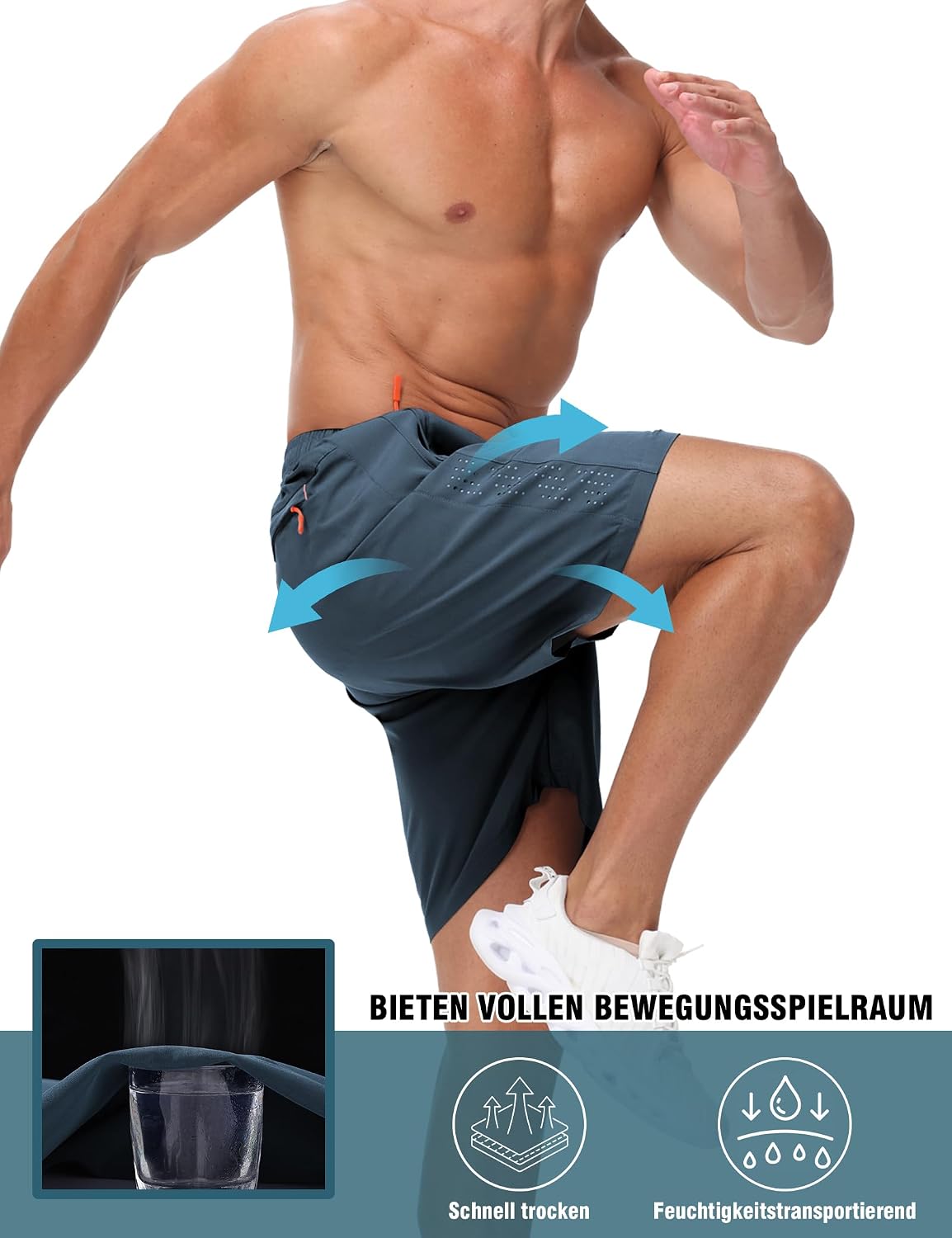 Detalle de Kuzwufs Herren Sportshorts Kurz – Atmungsaktiv, Dry-Fit, 2er Pack mit Reißverschlusstaschen