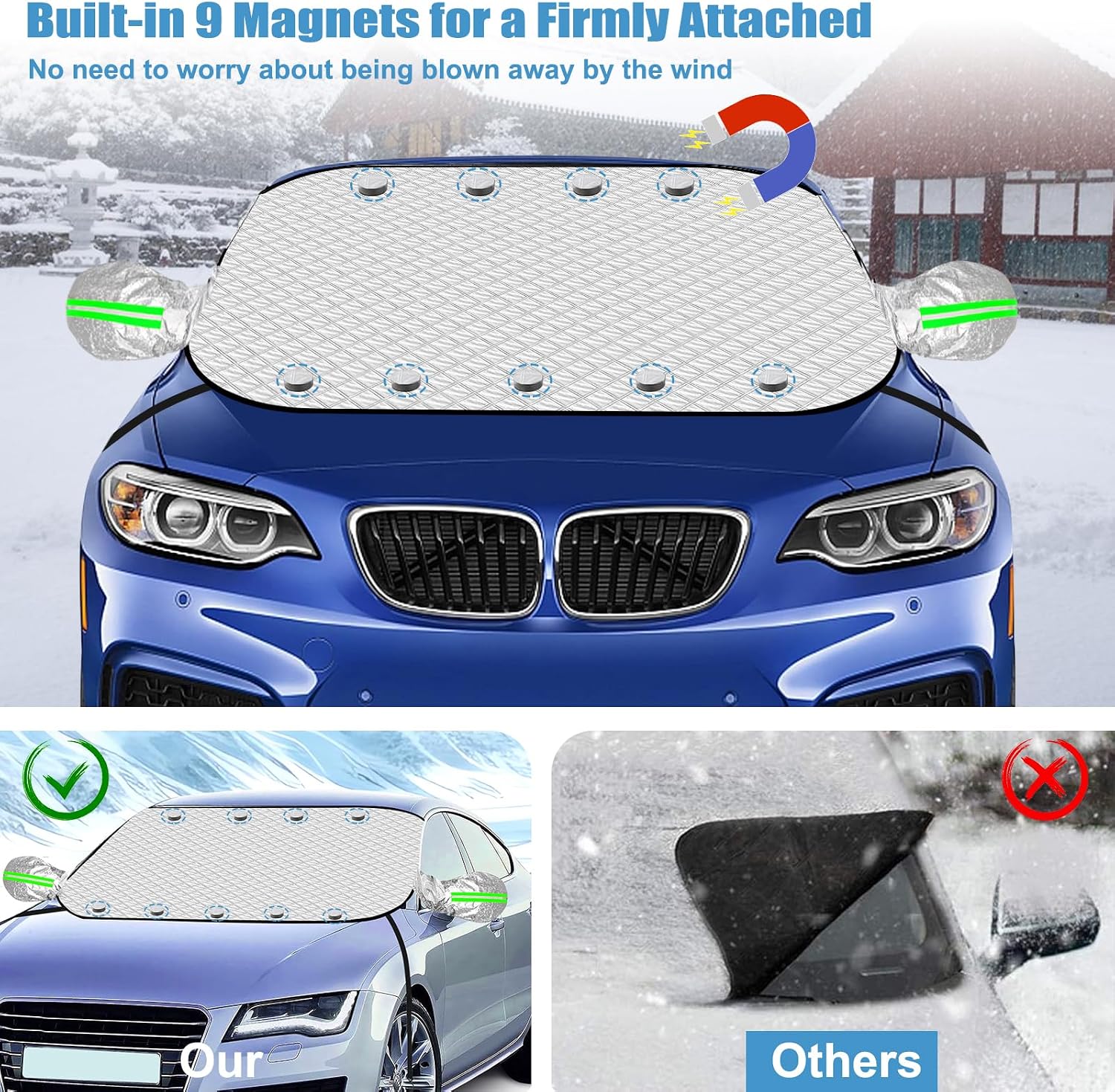 Detalle 2 de Newthinking Car Frost Windscreen Cover for Winter with side mirror flap and magnets