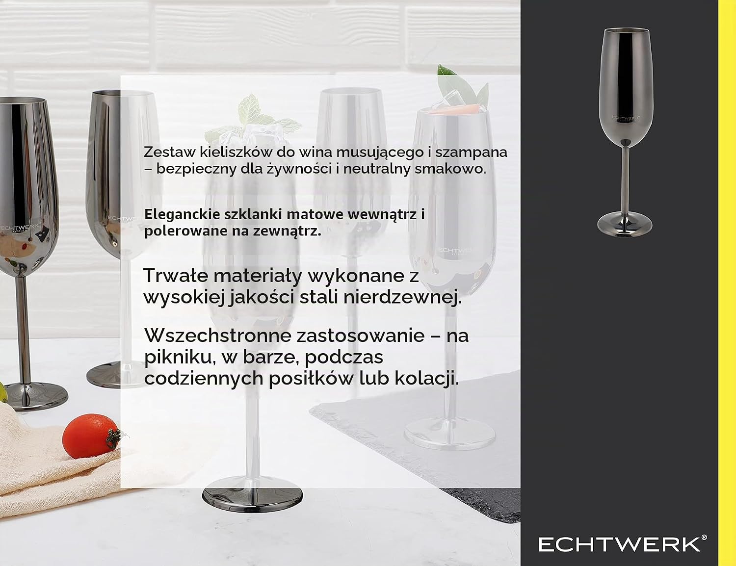 Detalle de ECHTWERK EW-CG-1746S – 6 kieliszków ze stali nierdzewnej, Black Edition, 250 ml