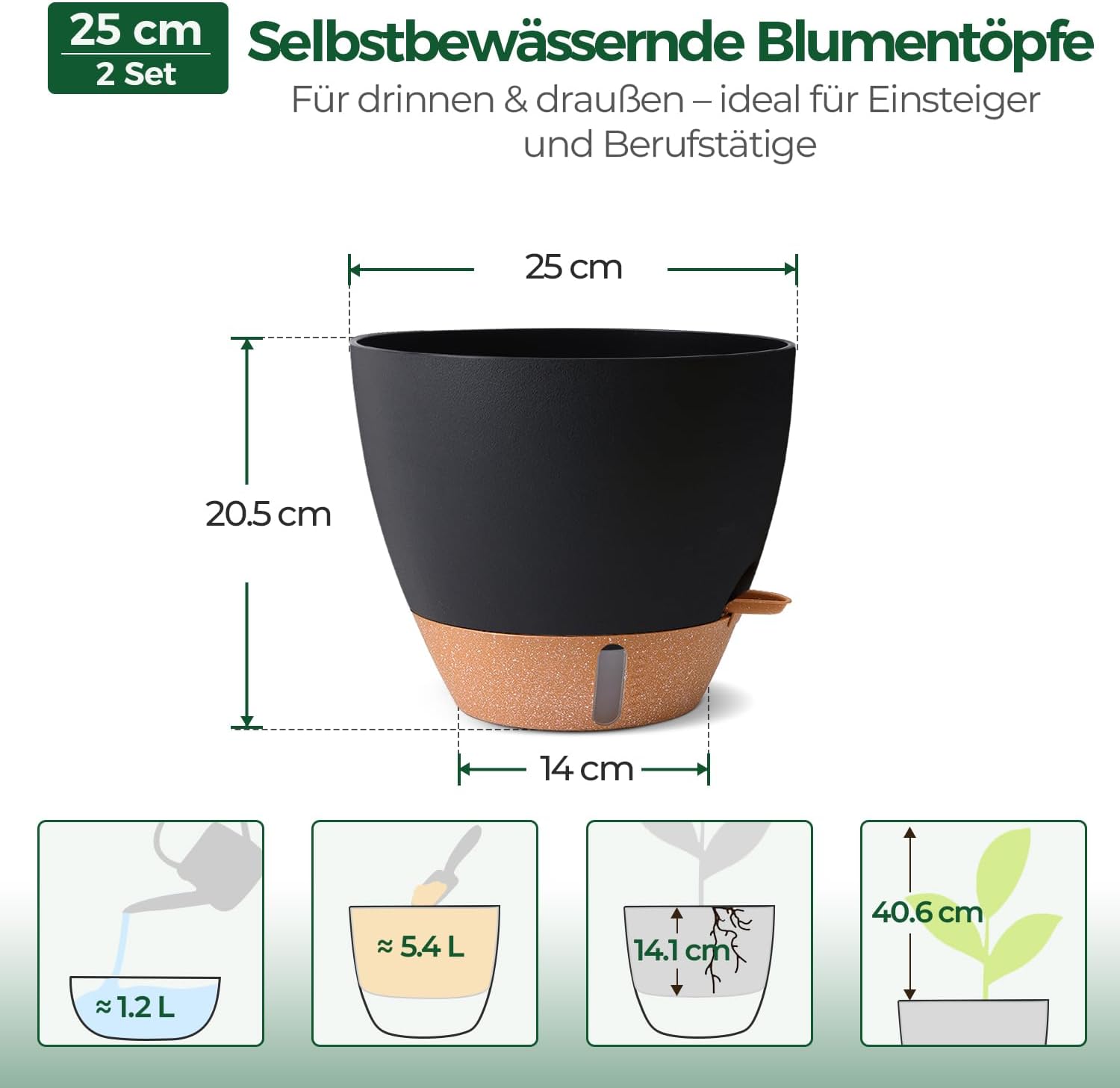 Detalle de T4U 2er Set Selbstbewässernder Blumentopf 25 cm