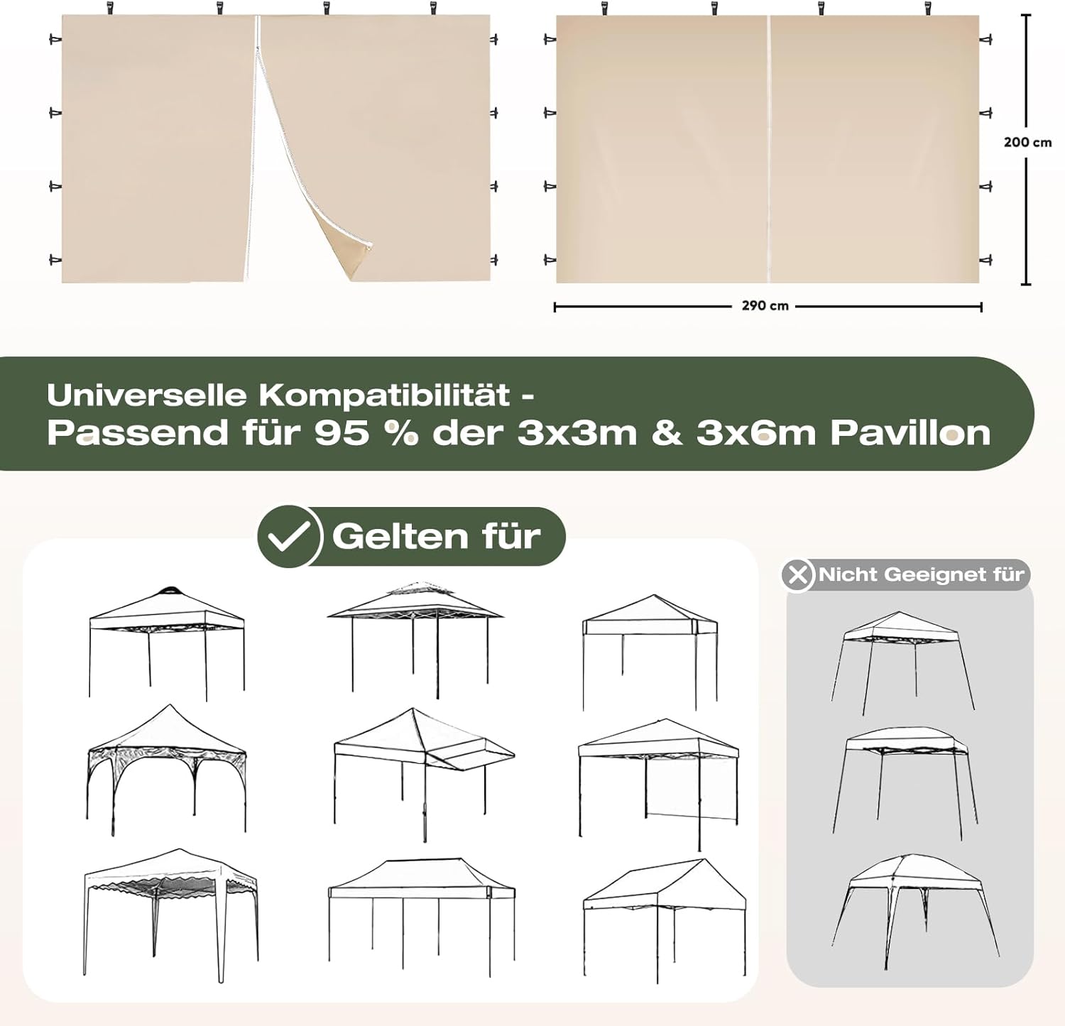 Thumbnail 1 de Sekey 2x Seitenwände für Pavillon 3x3 m – wasserdicht, winterfest, mit Fenster und Tür (Khaki)