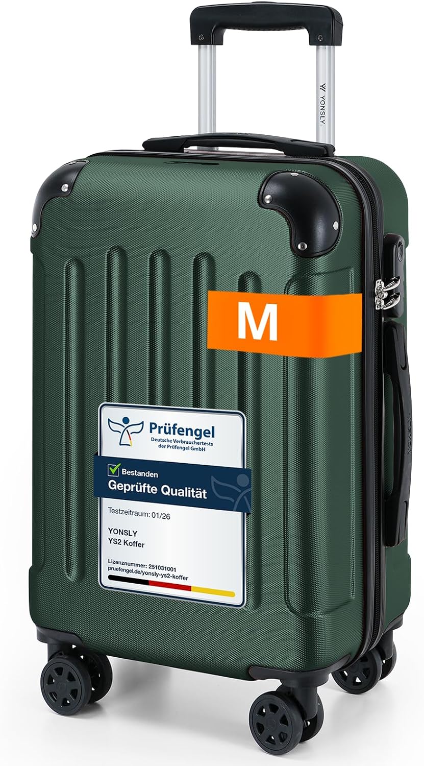 YONSLY Gepäck Suitcase – Kabinenkoffer, Hartschalenreiskoffer mit 360° Rollrollen, Zahlenschloss und Teleskopgriff (Größe M, Dunkelgrün)