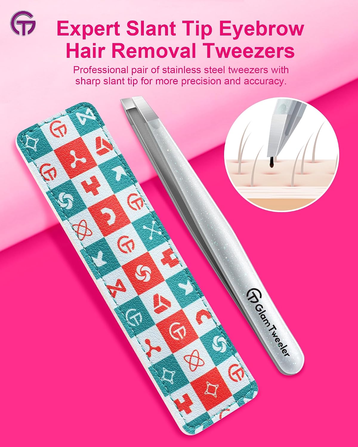 Detalle 2 de Expert Slant Tip Tweezers with Leather Case by GlamTweeler — Sharp, Precise Stainless Steel Eyebrow & Facial Hair Removal (Sparkle Silver)