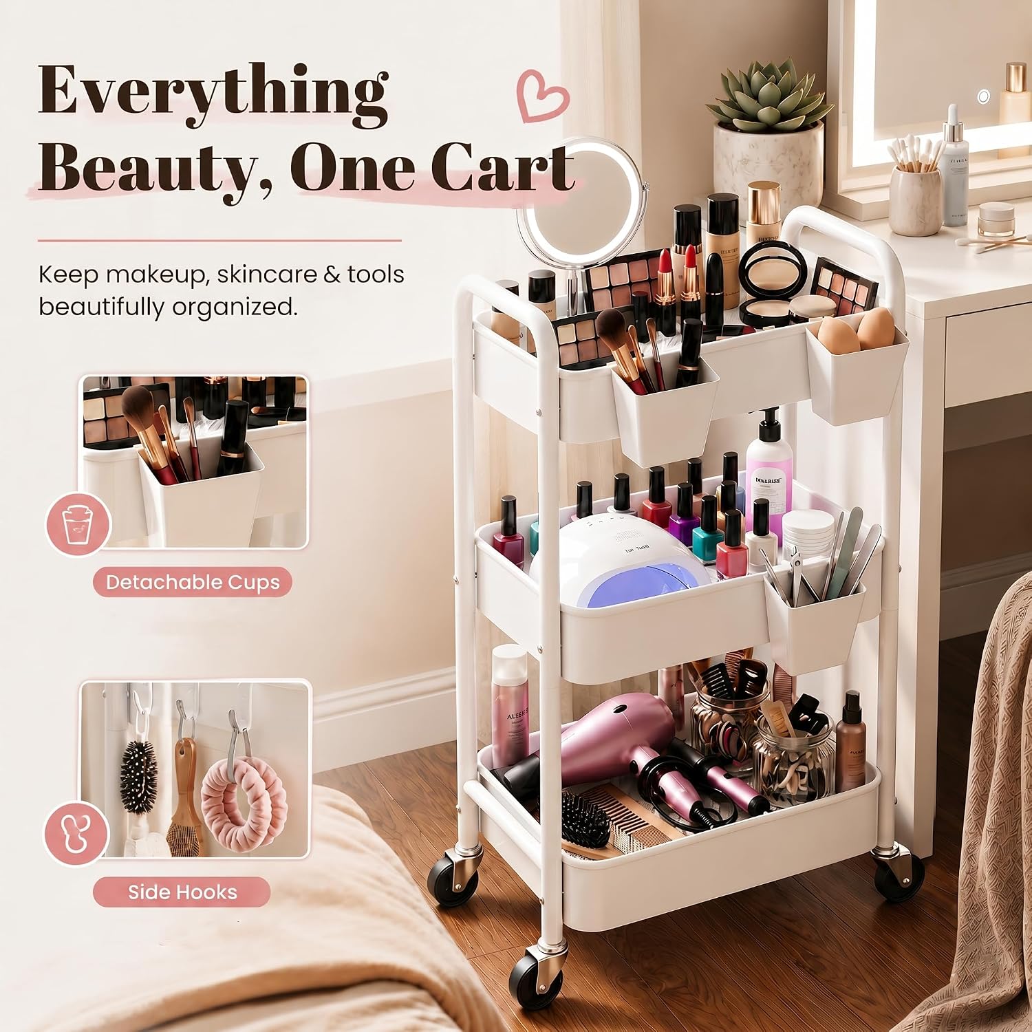 Thumbnail 6 de Aofure 3-Tier Rolling Cart, White Metal Organizer with Locking Wheels