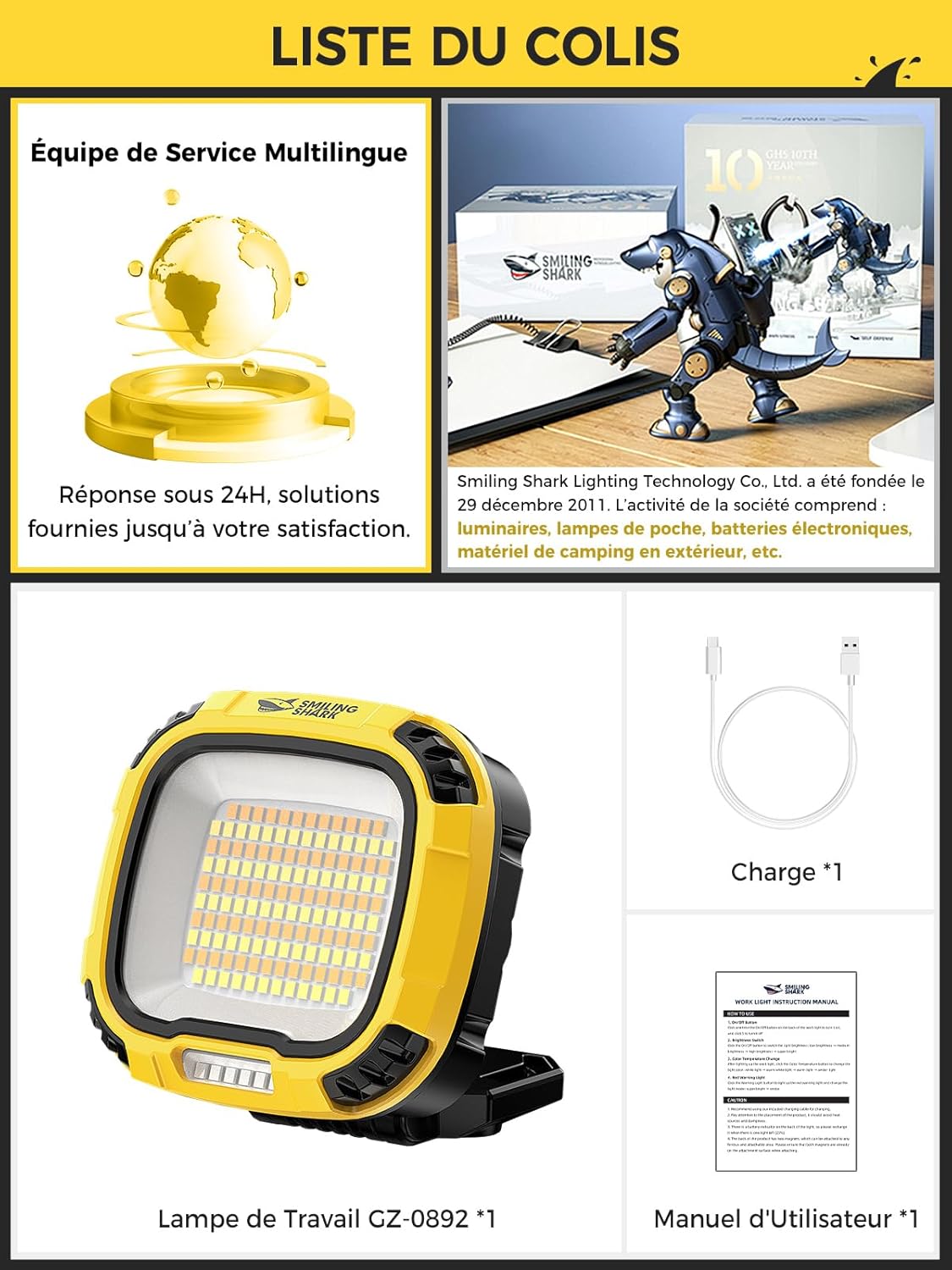 Thumbnail 5 de Smiling Shark Lampe Travail 4000lm : LED COB, Rechargeable 7500mAh, Étanche, Magnétique et 18 Modes pour Atelier et Extérieur