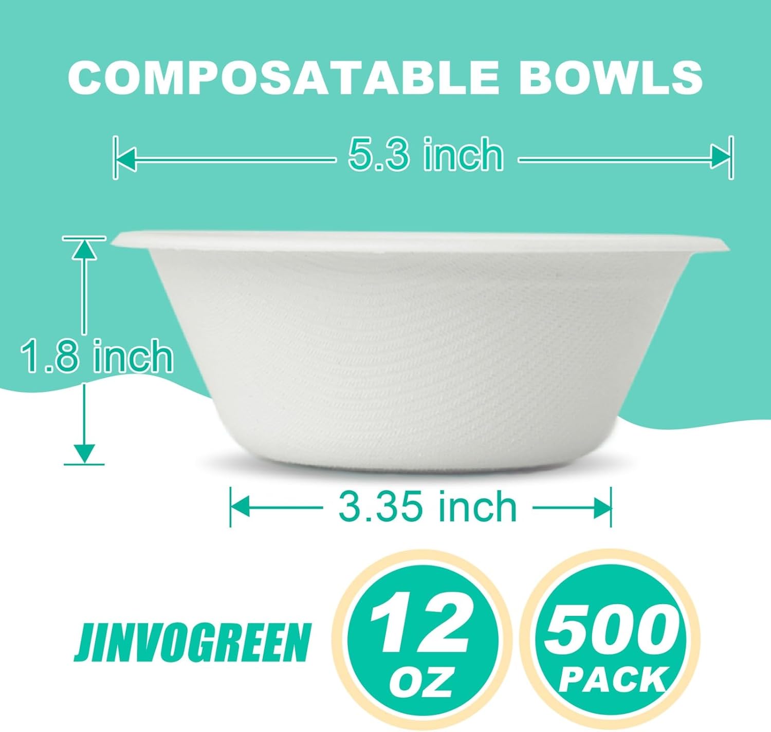 Thumbnail 1 de JINVOGREEN 12 oz Bagasse Paper Bowls (500 Count) — Disposable Compostable Heavy-Duty Bowls for Snacks, Soup & Salads