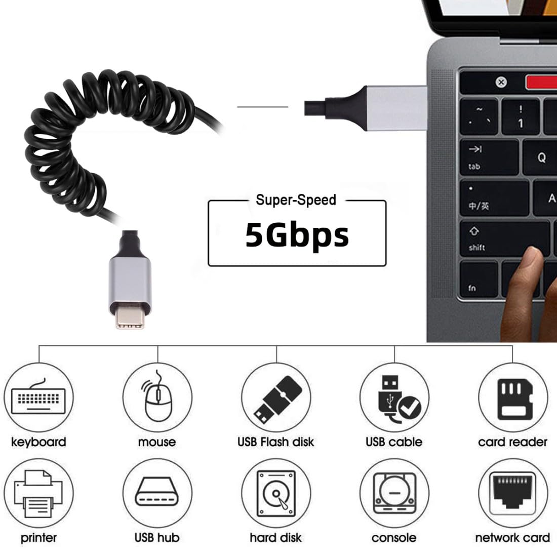 Detalle de chenyang USB 3.0 Spiralkabel – USB C auf USB 3.0 Stecker, 1,0 m Spiralarm, Hochgeschwindigkeits-Datenübertragung