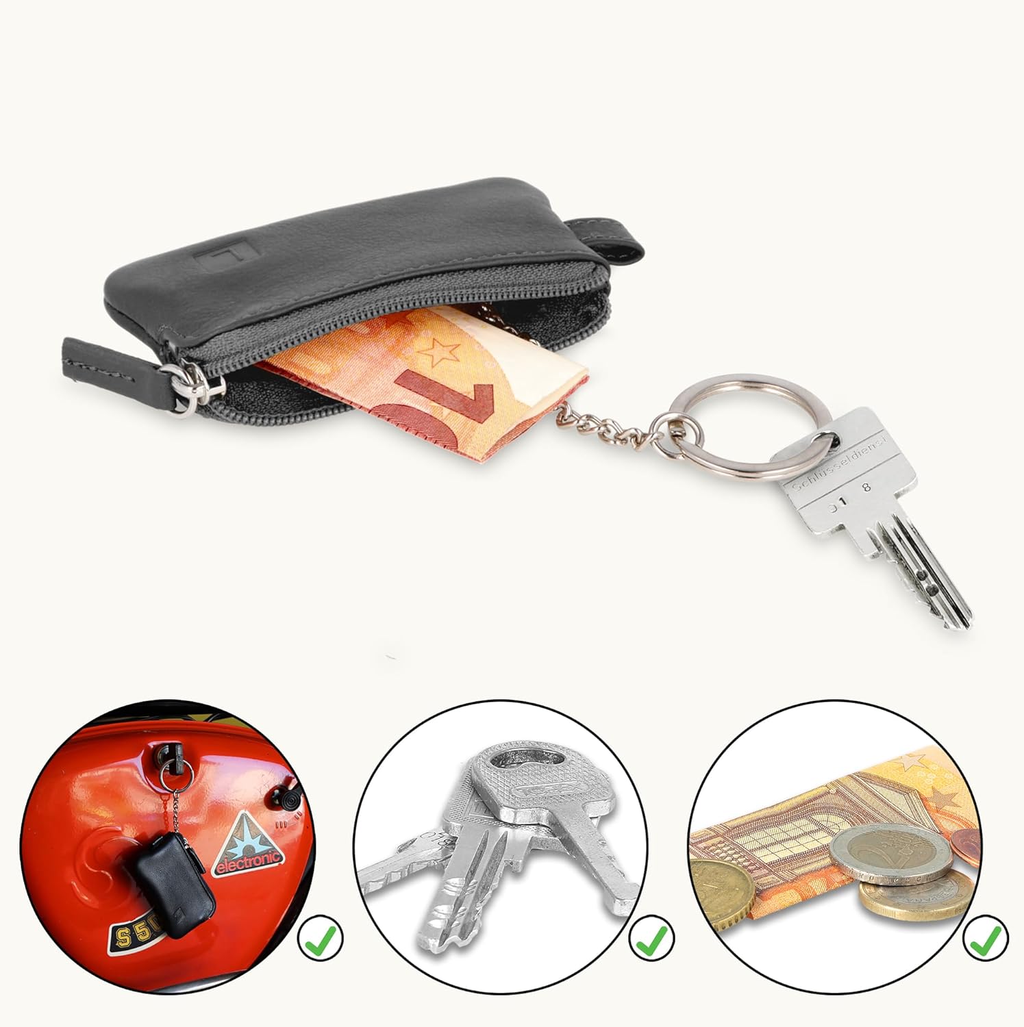 Detalle de LEDEROW Mini Schlüsseltasche aus echtem Leder – kompaktes Schlüsseletui für Motorrad- und einzelne Hausschlüssel