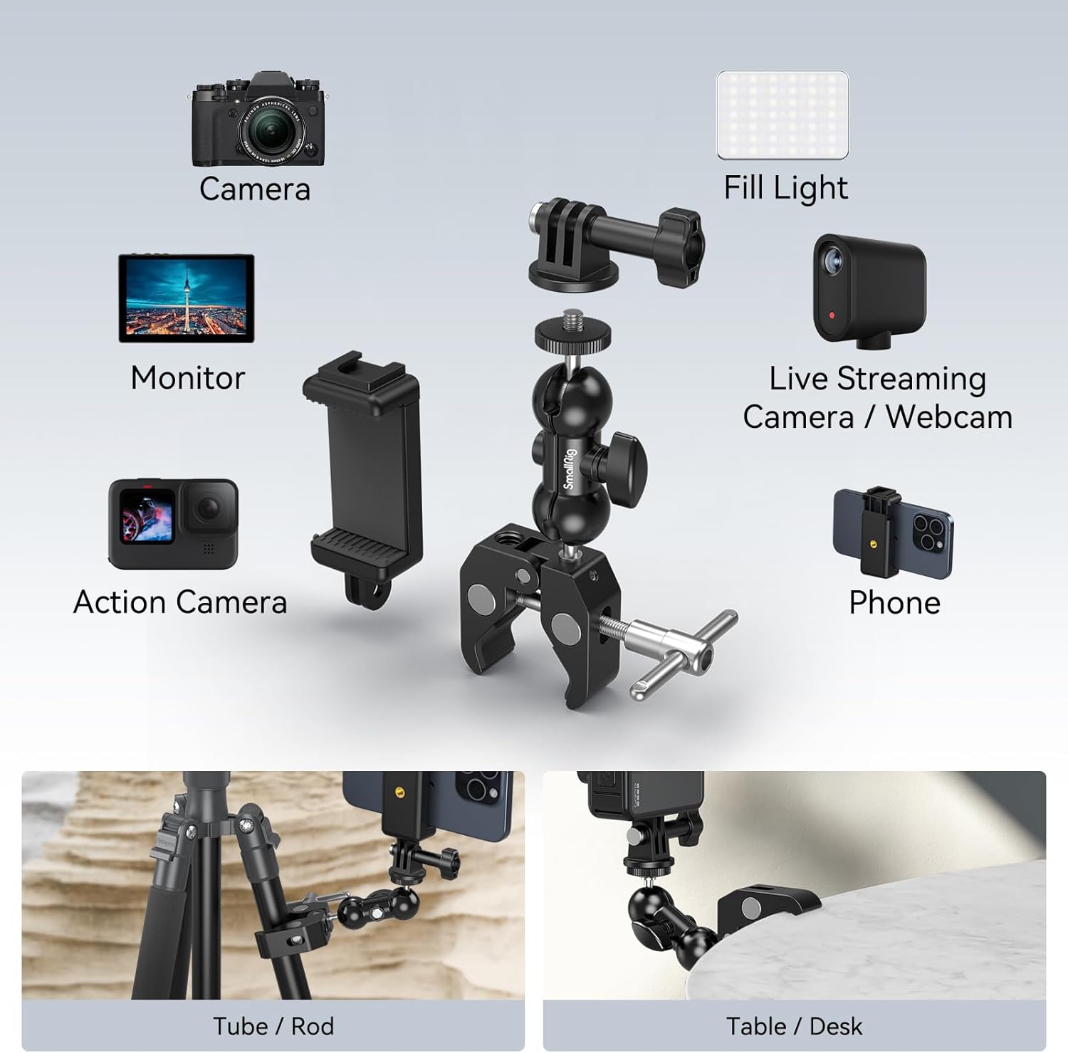 Detalle 2 de SMALLRIG 4373 Super Pince Kit Amélioré avec bras magique et fixation téléphone