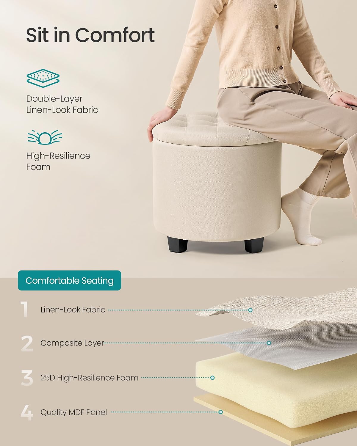 Detalle 1 de SONGMICS ULOM011W01 Round Storage Ottoman, Light Beige Linen-Look Fabric, 150 kg Capacity