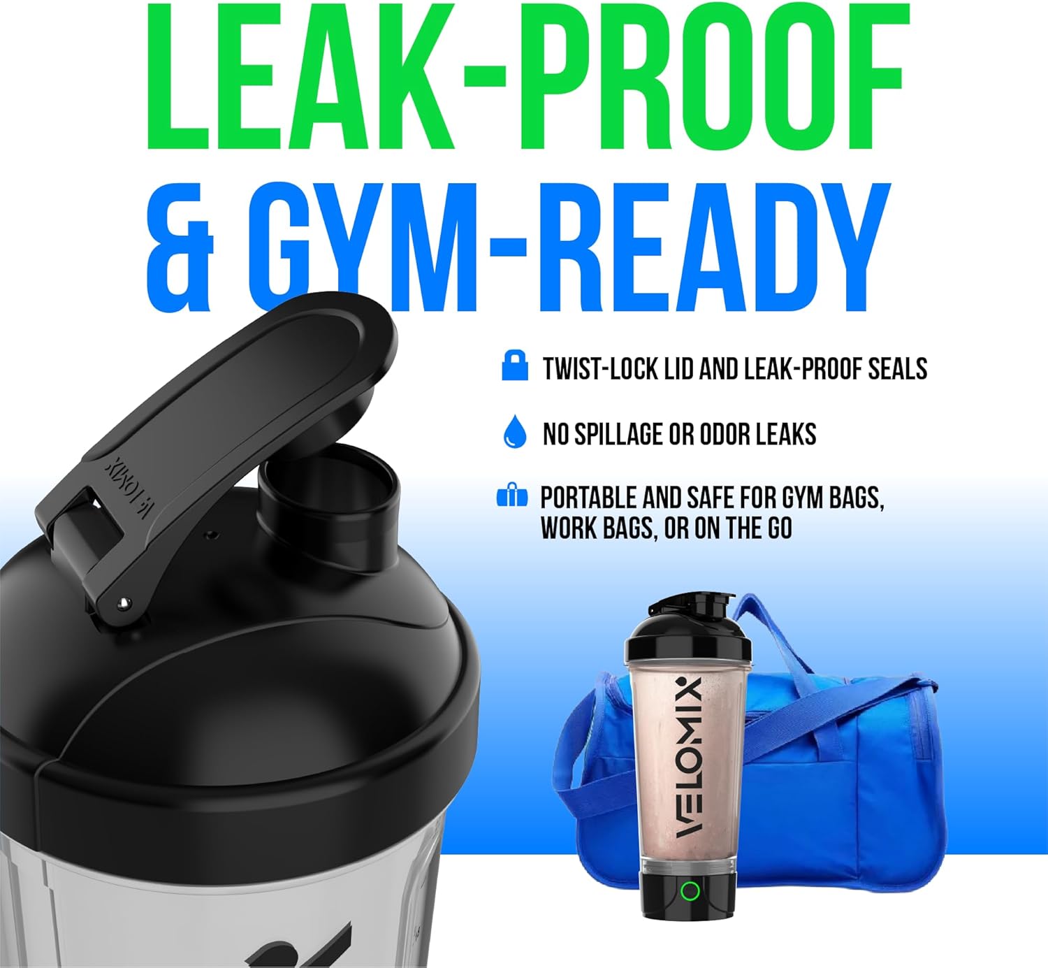 Detalle 1 de VELOMIX Electric Protein Shaker Bottle (24 oz) — USB-C Rechargeable, Leak Proof Electric Blender Cup