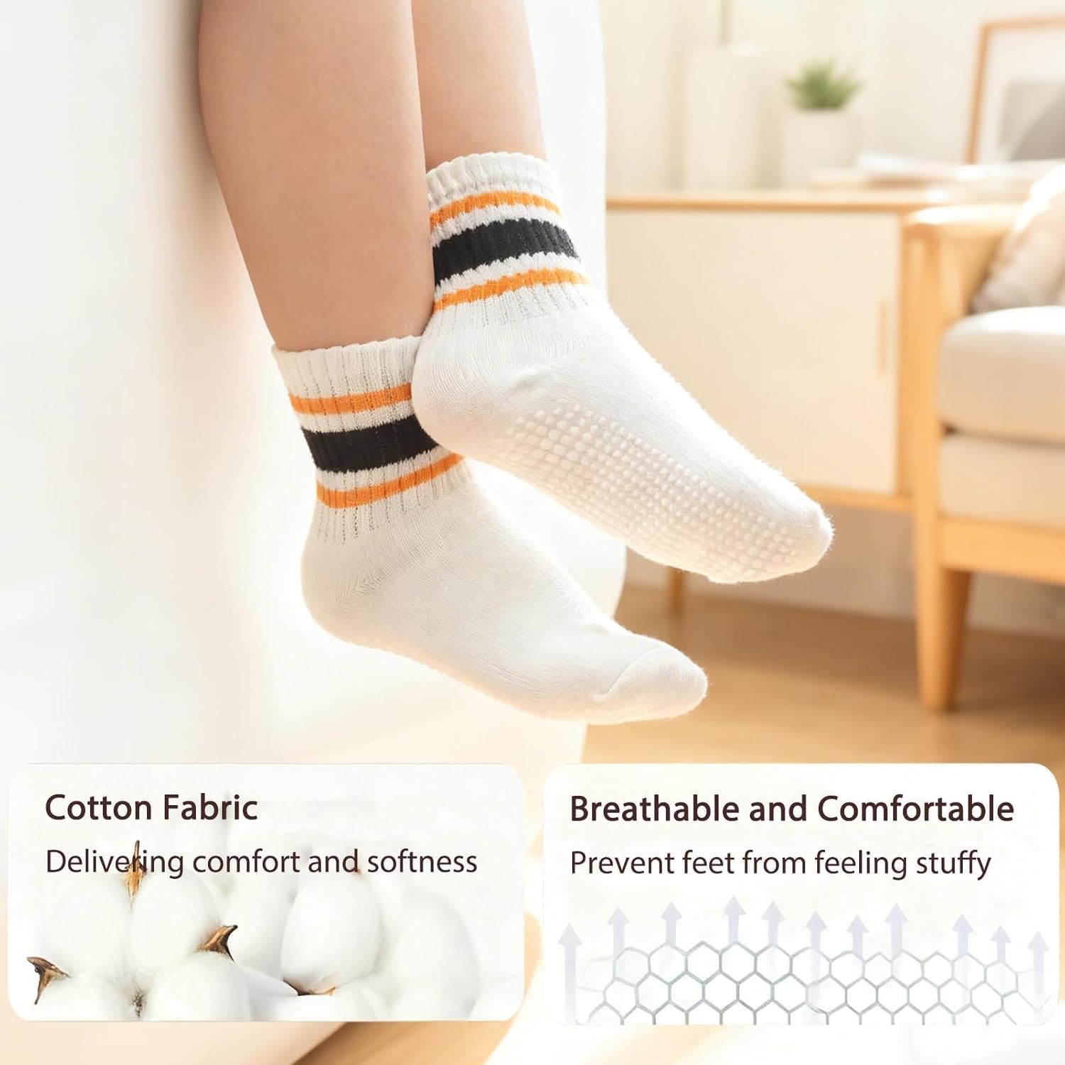 Detalle de Bearbay Non-Slip Toddler Grip Socks with Anti-Skid Soles – 6-Pack, Unisex Cotton Crew Socks for Babies and Kids