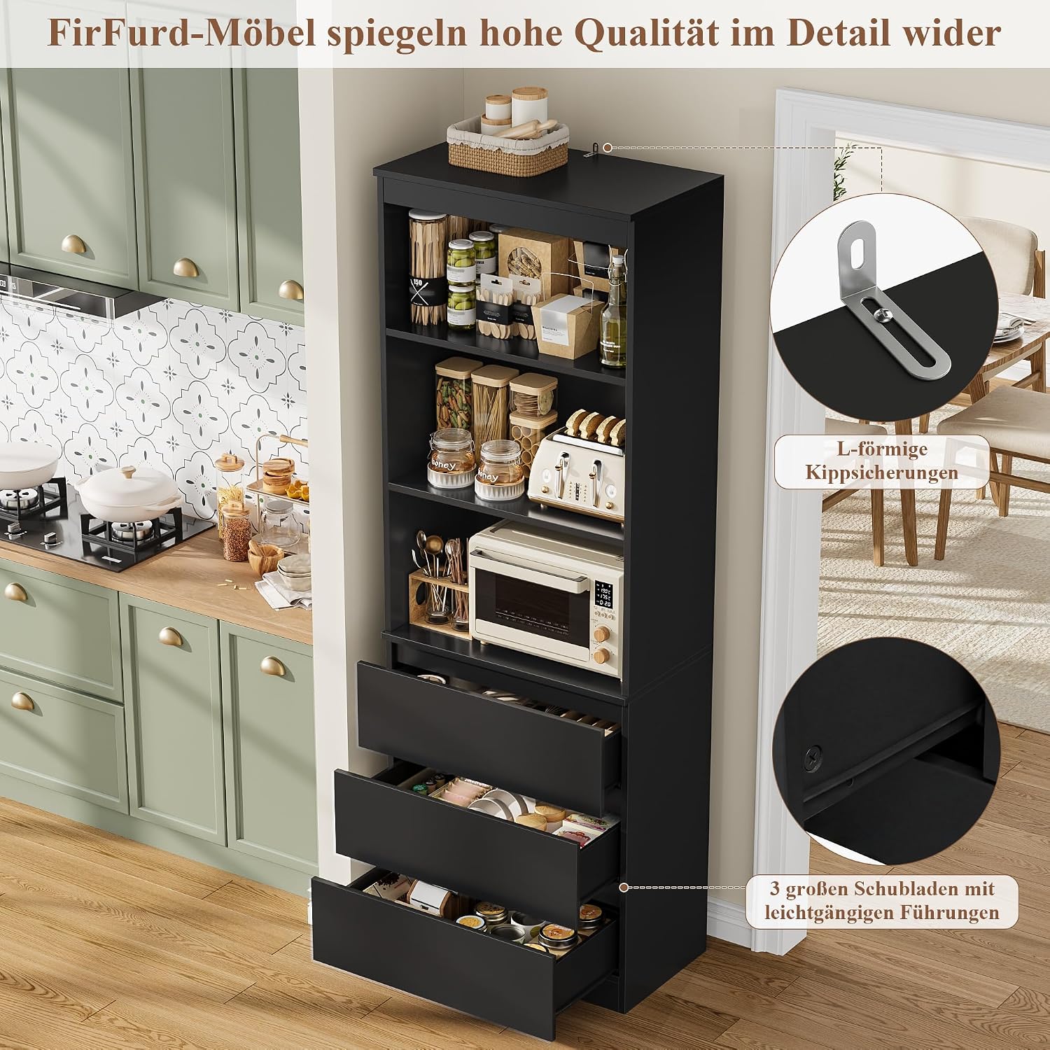 Detalle 2 de FirFurd P781 Tall Bookcase, 180 cm, with 3 Drawers and Open Shelves