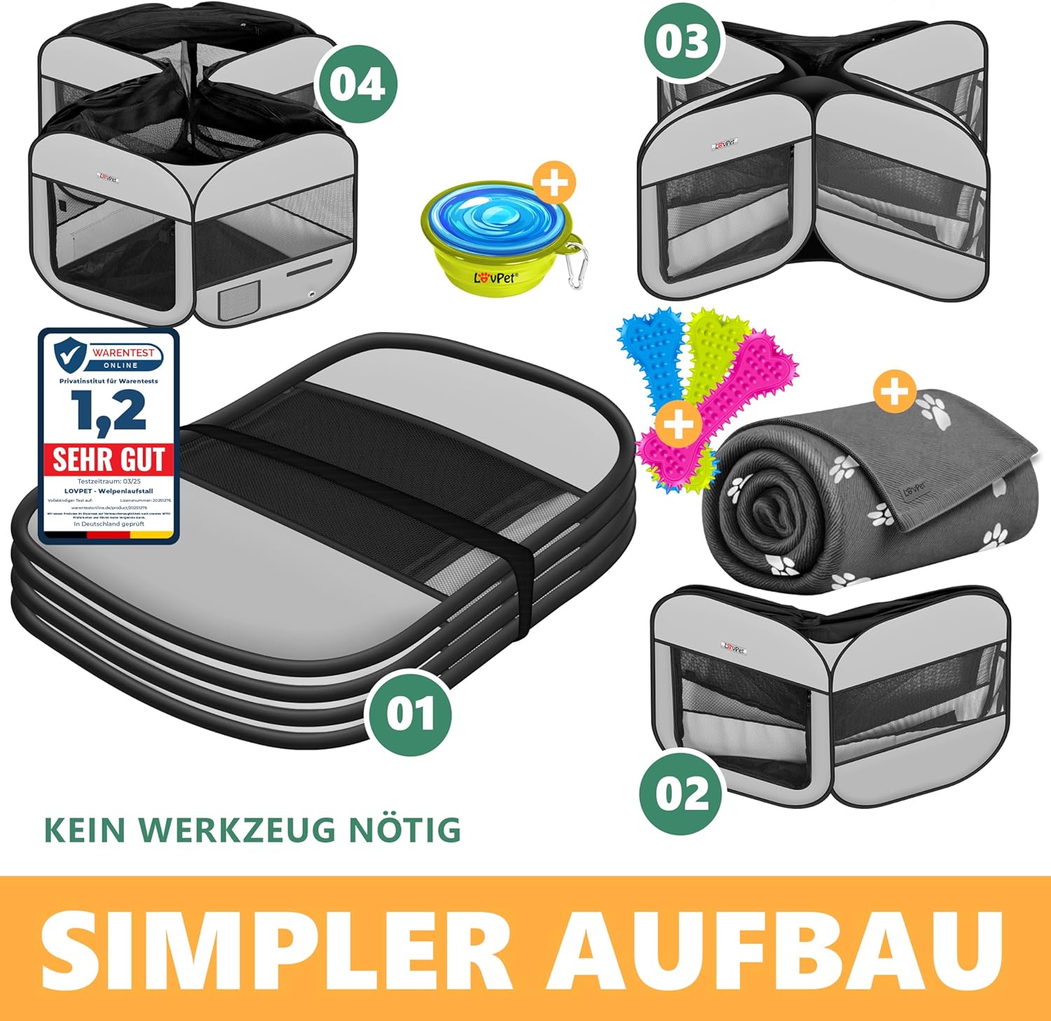 Thumbnail 3 de LOVPET® Welpenlaufstall faltbar inkl. Napf und Fleece-Decke (Pop-up-System) – Hellgrau/Schwarz