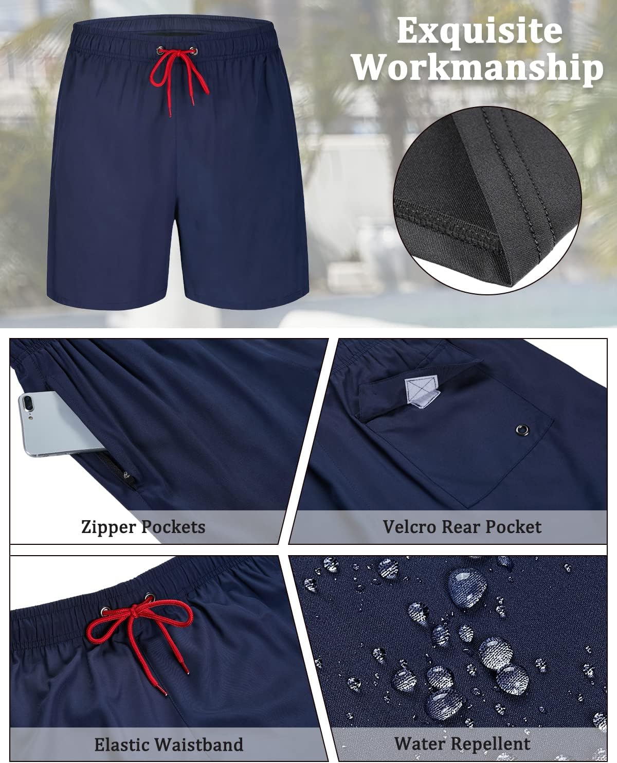Detalle de SILKWORLD 2-in-1 Mens Swimming Shorts with Compression Liner – Quick-Dry, Zipper Pockets