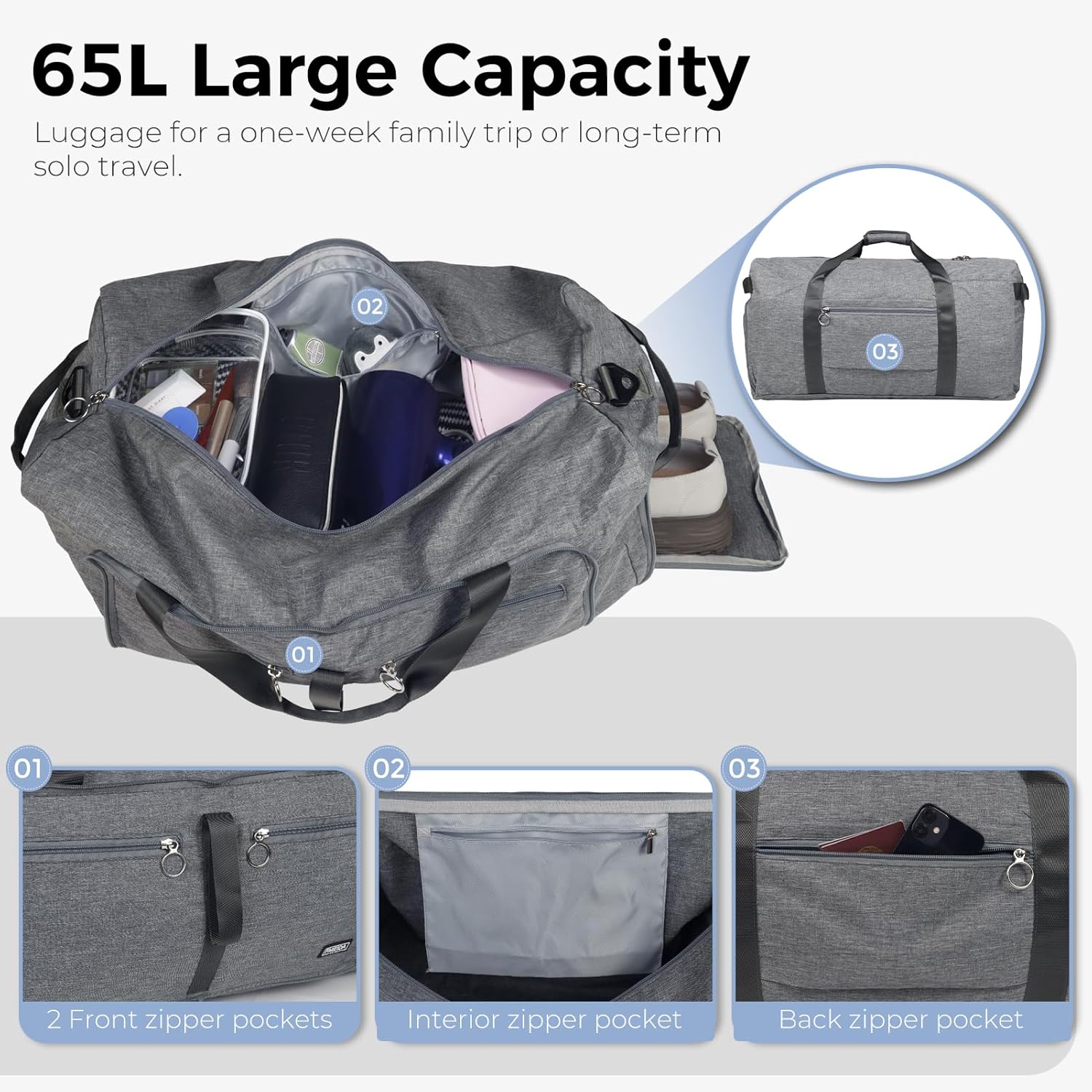 Thumbnail 3 de Fmeida Sporttasche / Reisetasche (faltbar) mit Schuhfach – kleine Weekender-Bag bis ca. 65 l, hellgrau