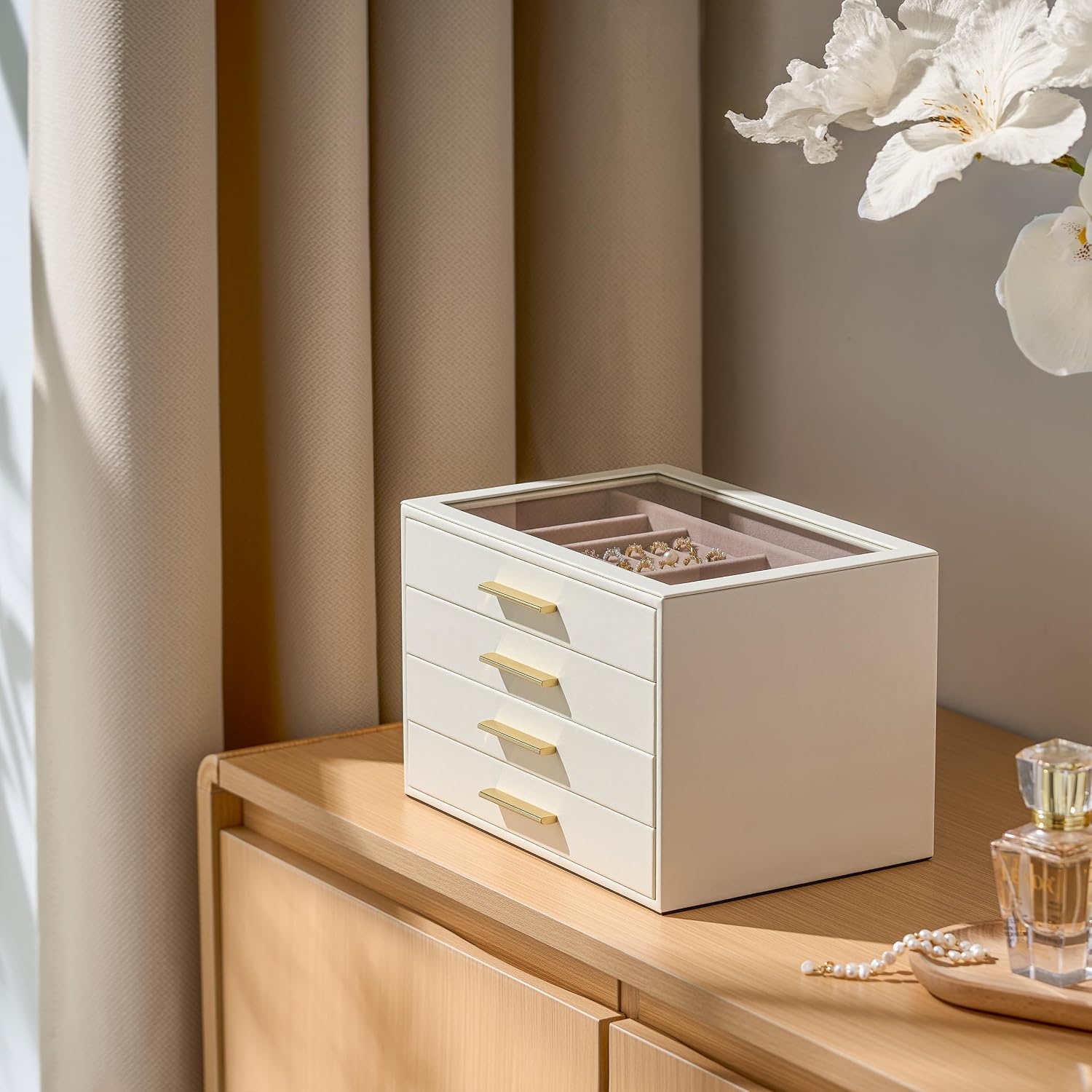 Thumbnail 3 de pickpiff 4-Layer Jewellery Box Organiser Case with Glass Window (Ivory Leather, Pink Velvet)
