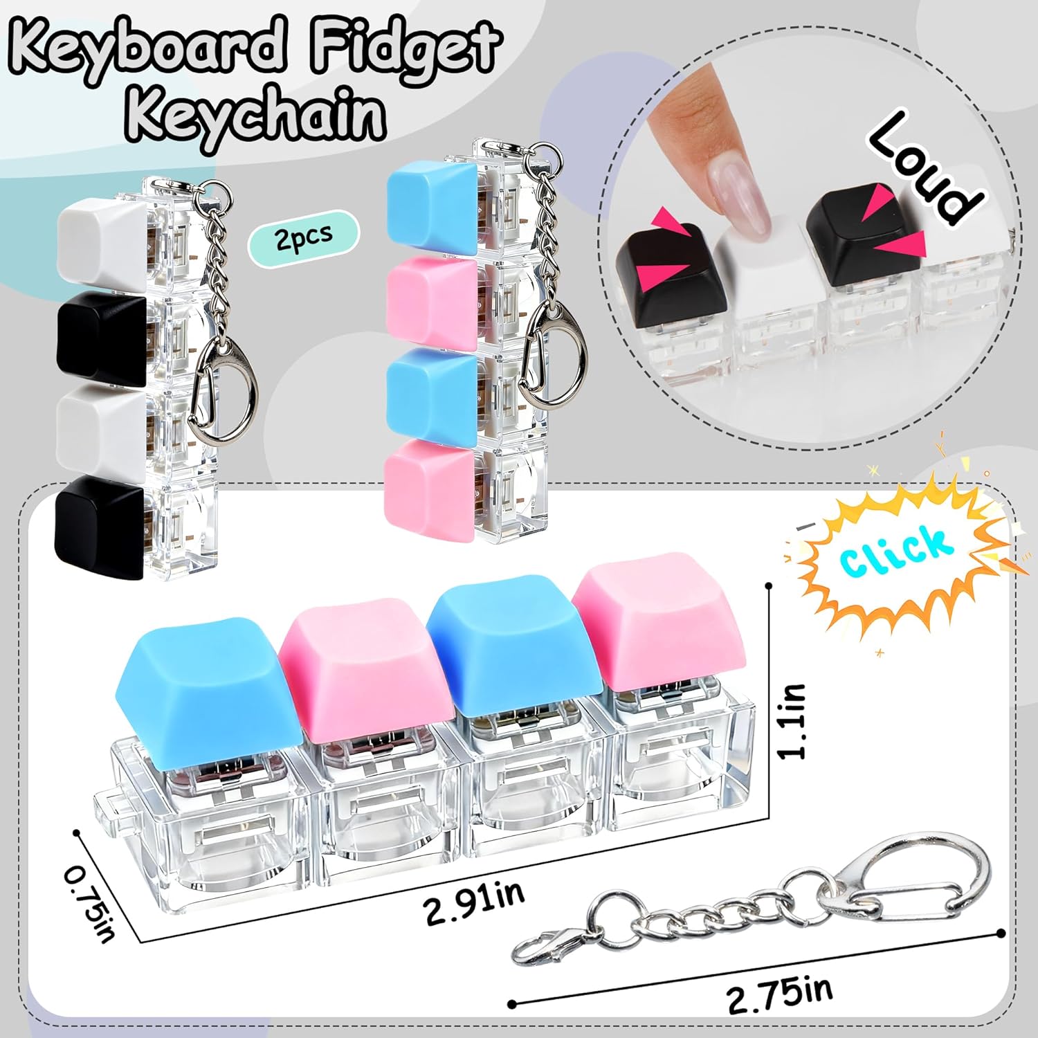 Thumbnail 1 de 2 PCS Keyboard Fidget Toys: 4-in-1 Keyboard Decompression Button Keychain (Black/White/Blue/Pink)