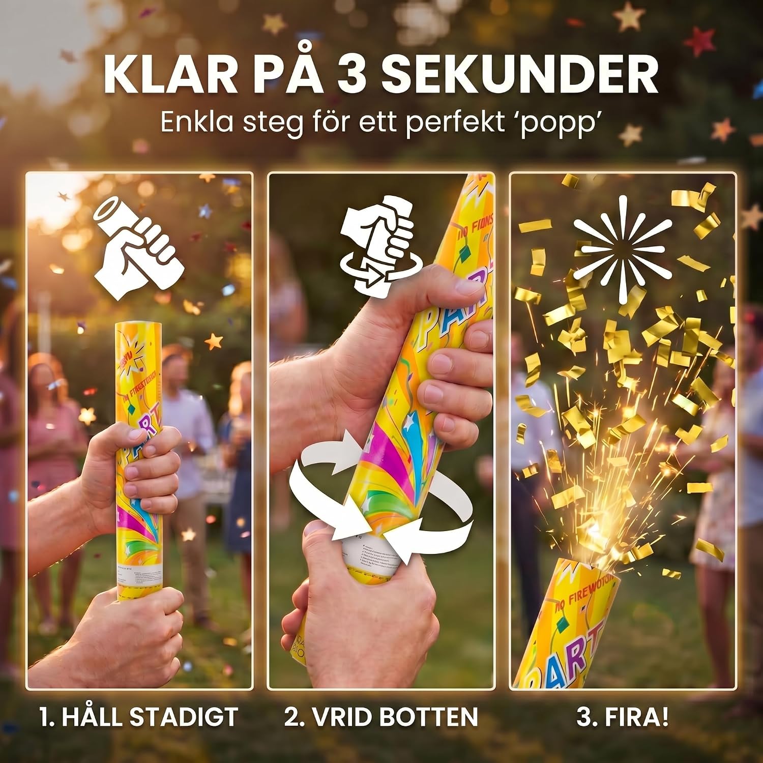 Detalle de GOODS+GADGETS konfettikanoner, 5-pack i guld, 60 cm med metallisk konfetti