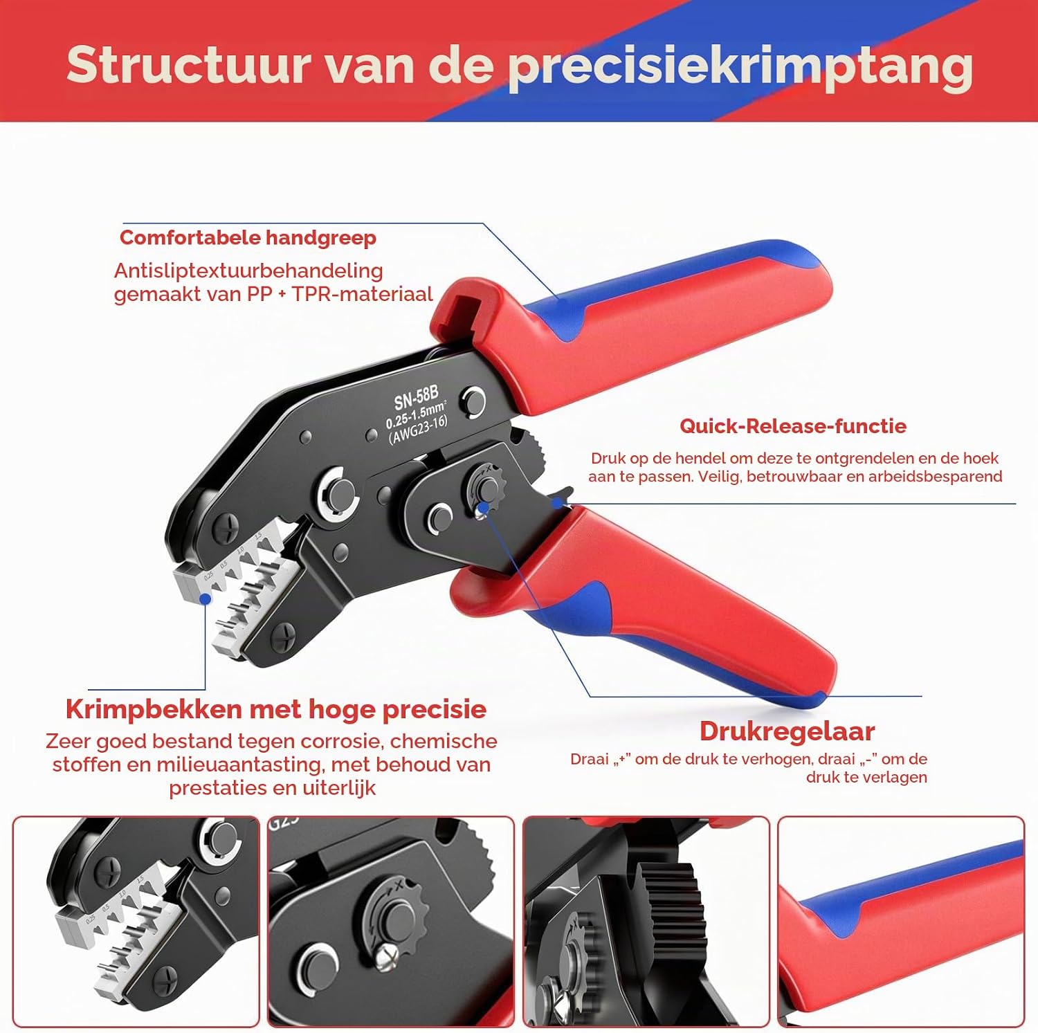 Thumbnail 4 de Kryoza SN ratelkrimptang voor 0,25–1,5 mm² open connectoren