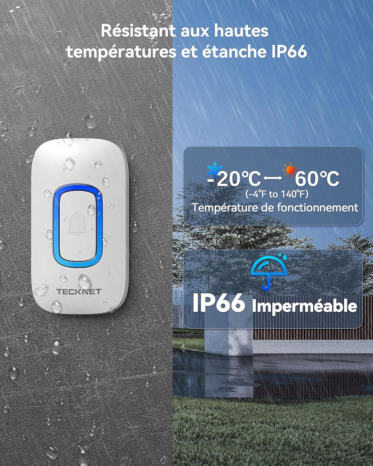 Thumbnail 5 de TECKNET Sonnette sans Fil à Piles IP66 – Portée 400 m, RVB et 60 mélodies, récepteur amovible