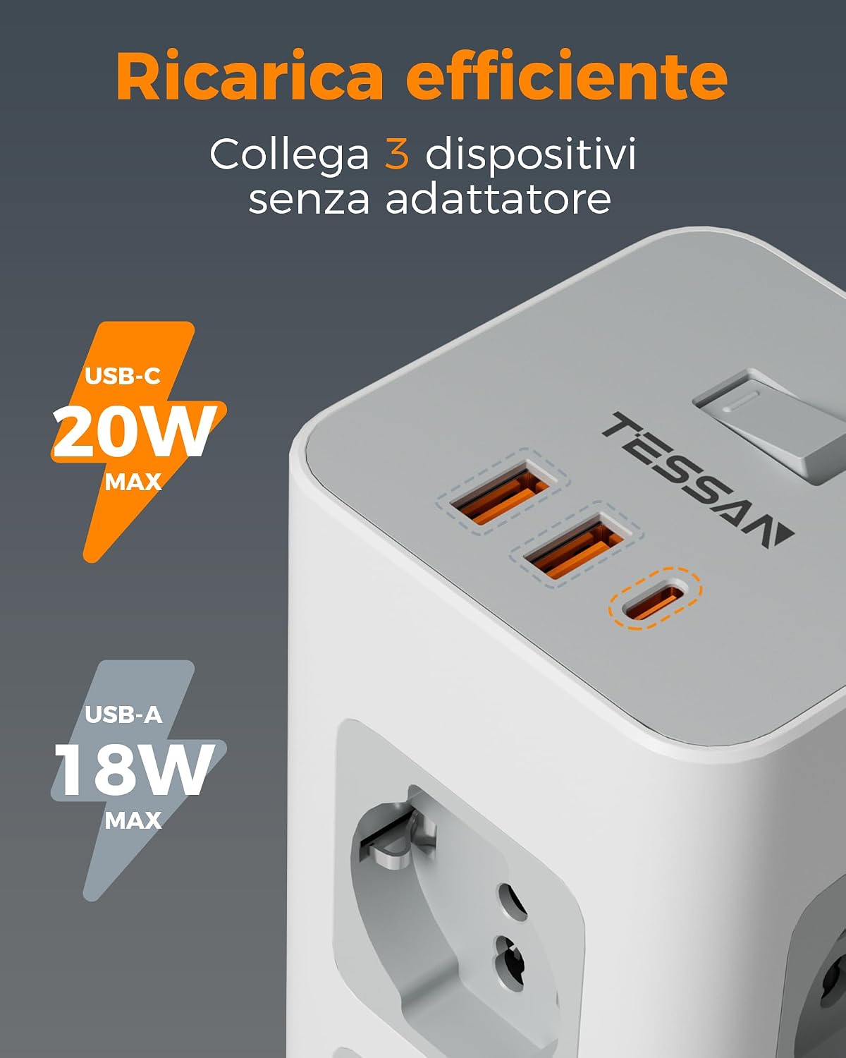Detalle de TESSAN ciabatta multipresa verticale con 8 prese IT e USB 20W (3680W) con protezione da sovratensione