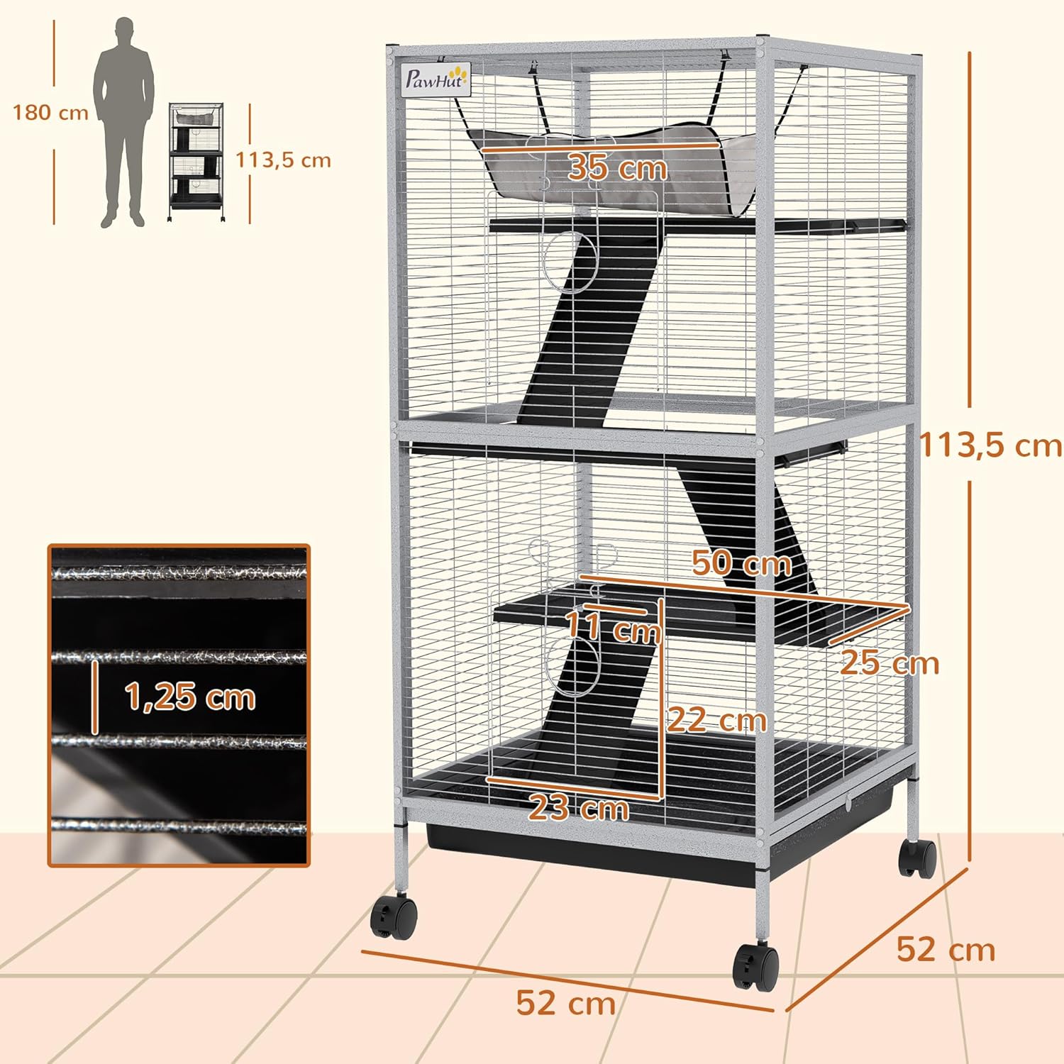 Thumbnail 6 de PawHut Cage pour Petits Animaux Portable à 4 Niveaux – Cage Chinchilla/Furet 52 x 52 x 113,5 cm, Blanc