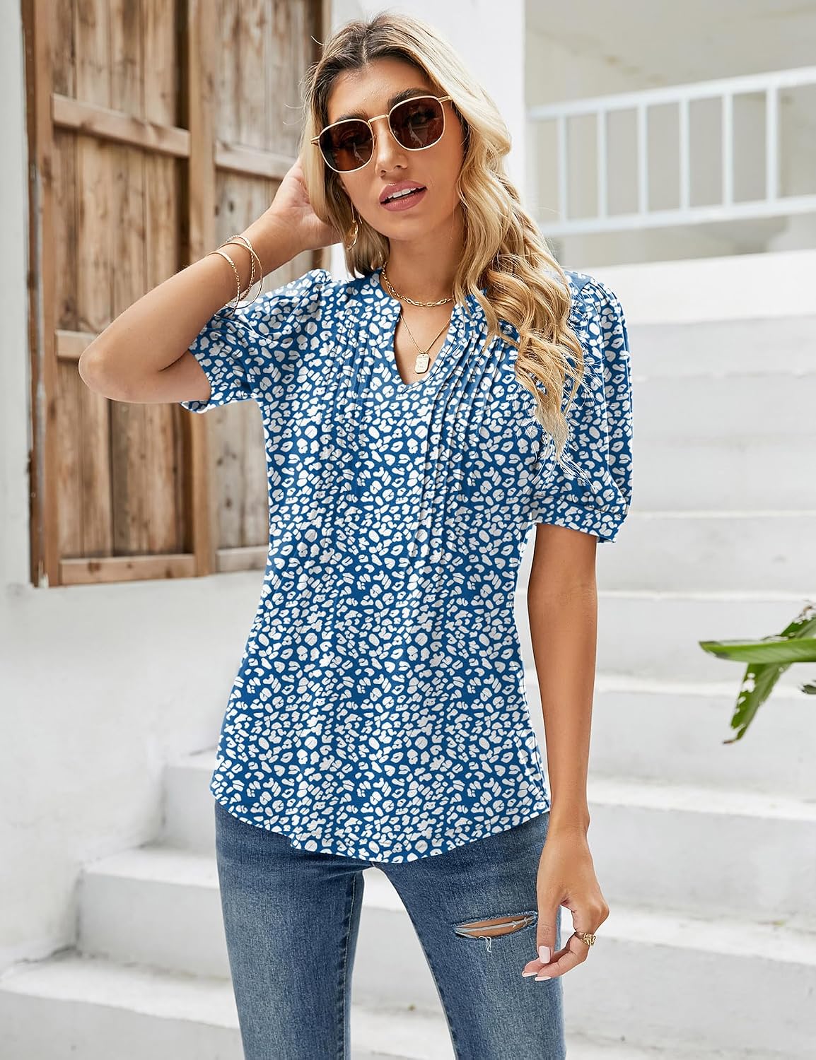 Thumbnail 1 de EFFAN Womens V Neck Puff Sleeve Floral Tunic Top