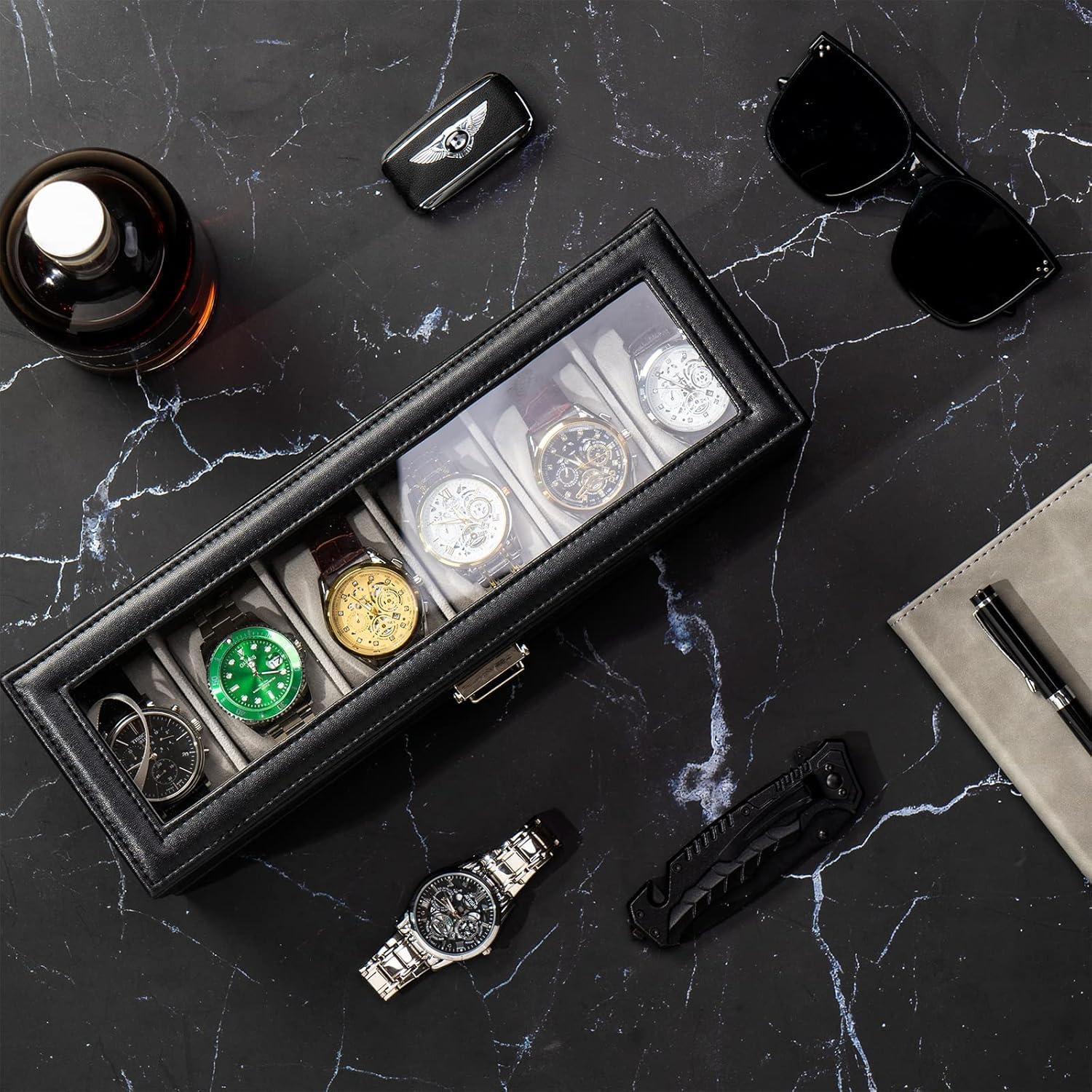Detalle de ProCase 2 Ebenen Uhrenbox mit Glasdeckel – 6 Fächer, robustes PU-Leder Gehäuse & Schublade