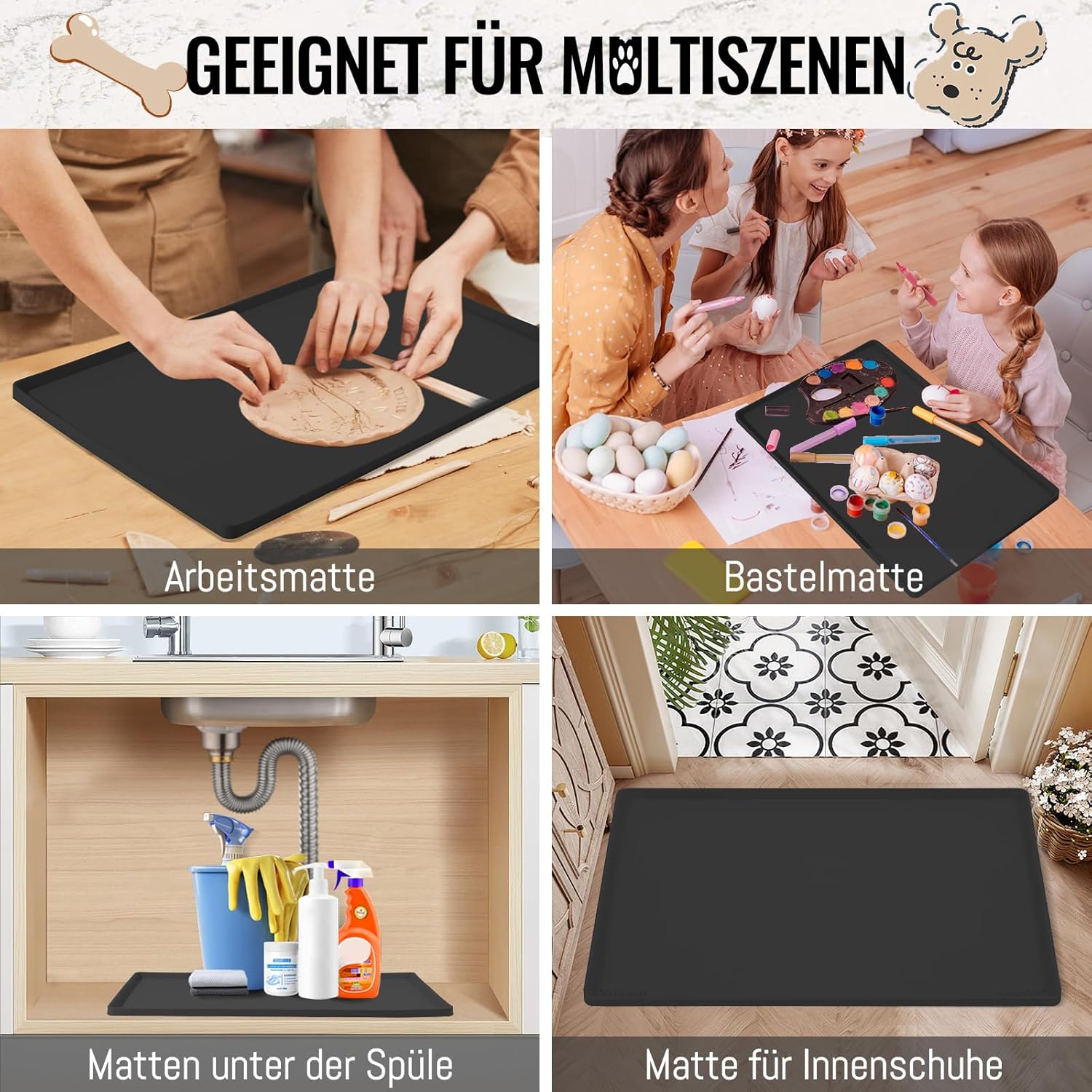 Thumbnail 4 de MateeyLife Silikon-Napfunterlage für Katzen & Hunde (56x36 cm), rutschfest und wasserdicht – schwarz
